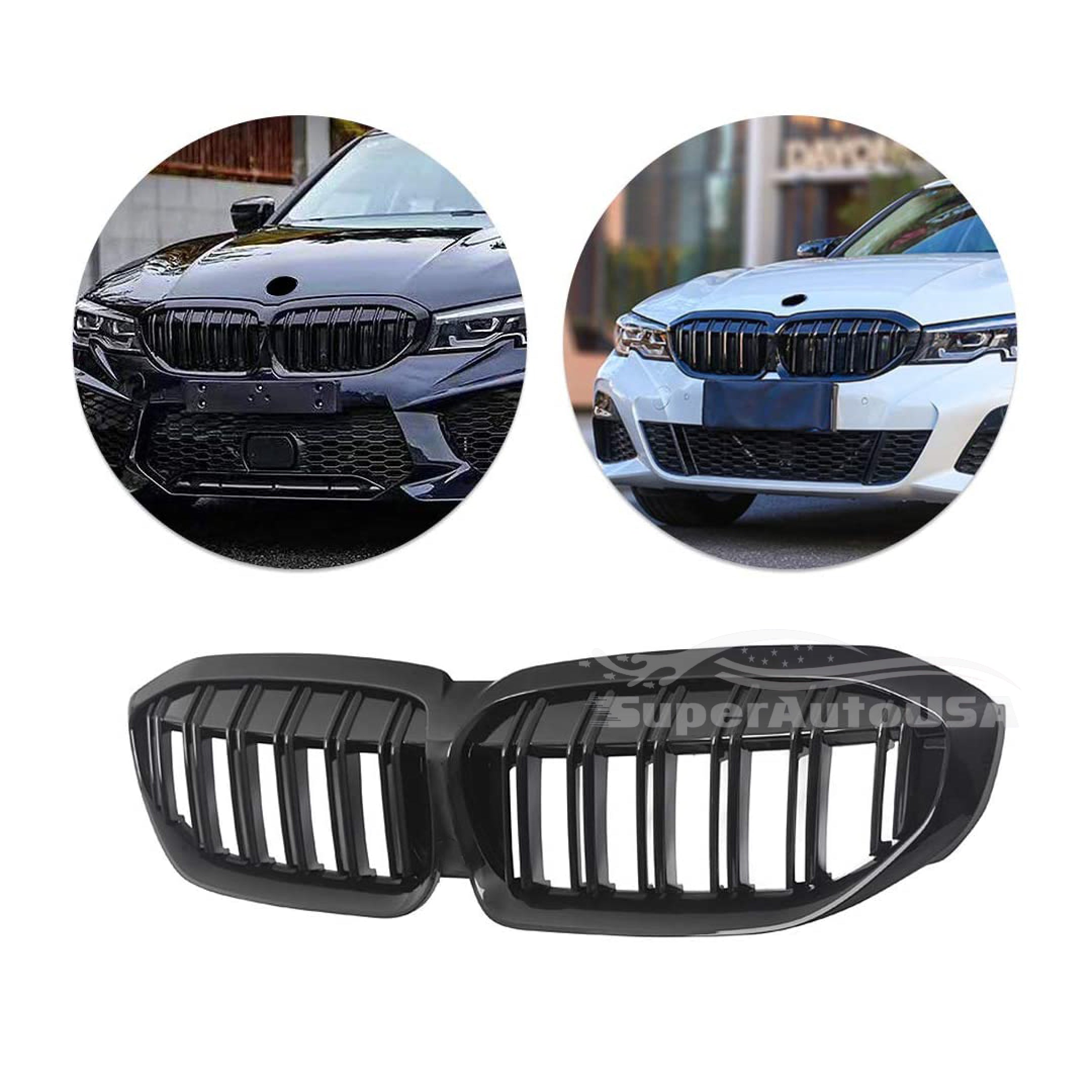 Fits 2019-2021 BMW 3 Series G20 G21 Double Line Glossy Gloss Black Front Kidney Grill