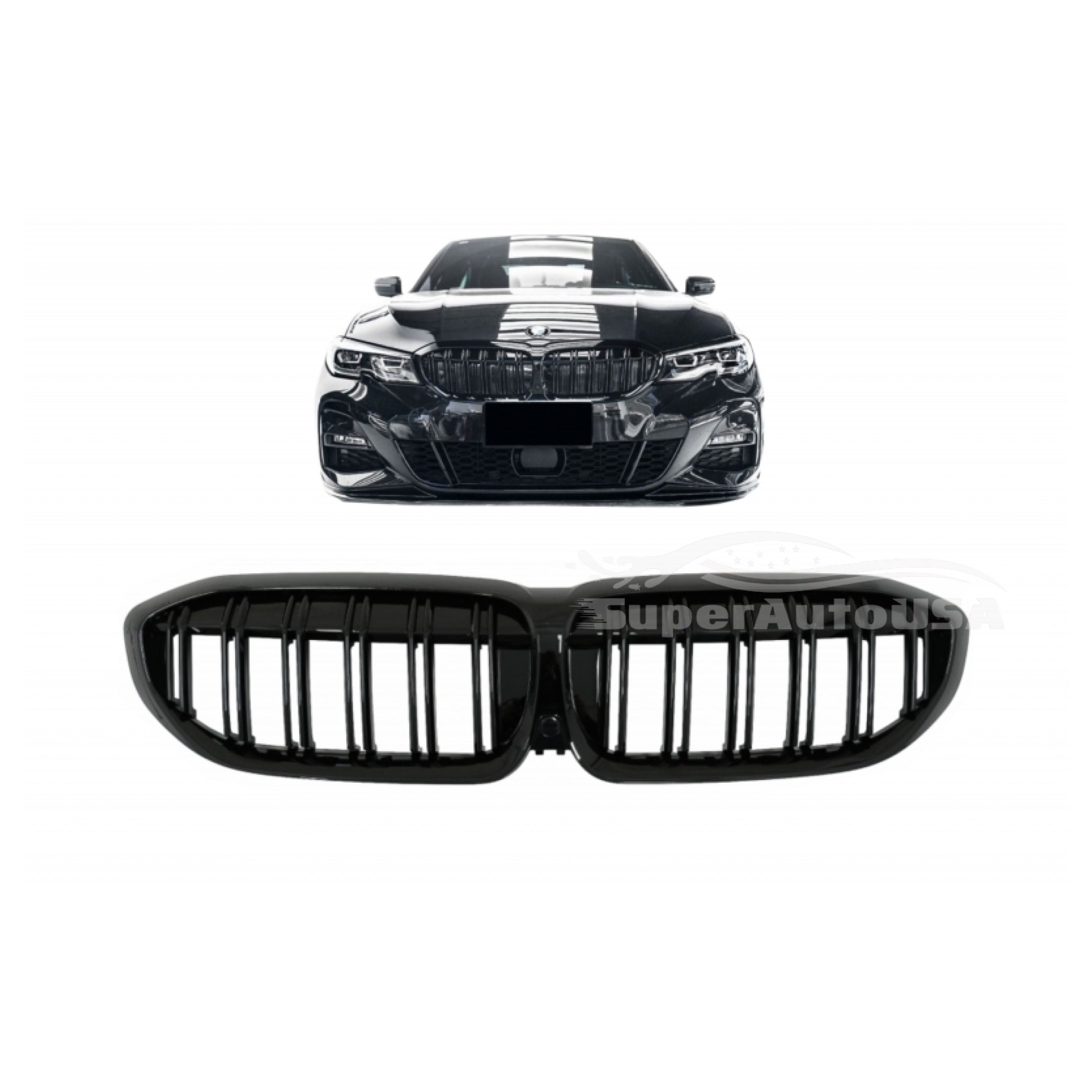 Fits 2019-2021 BMW 3 Series G20 G21 Double Line Glossy Gloss Black Front Kidney Grill - 0