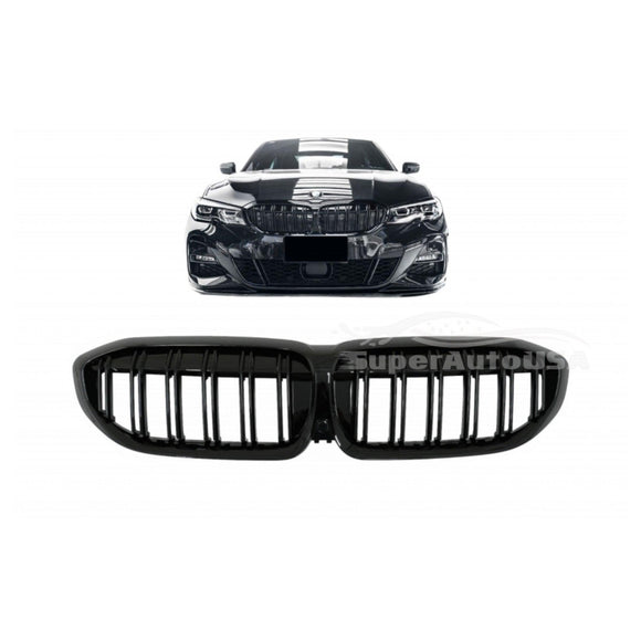Fits 2019-2022 BMW 3 Series G20 G21 Double Line Glossy Gloss Black Front Kidney Grill
