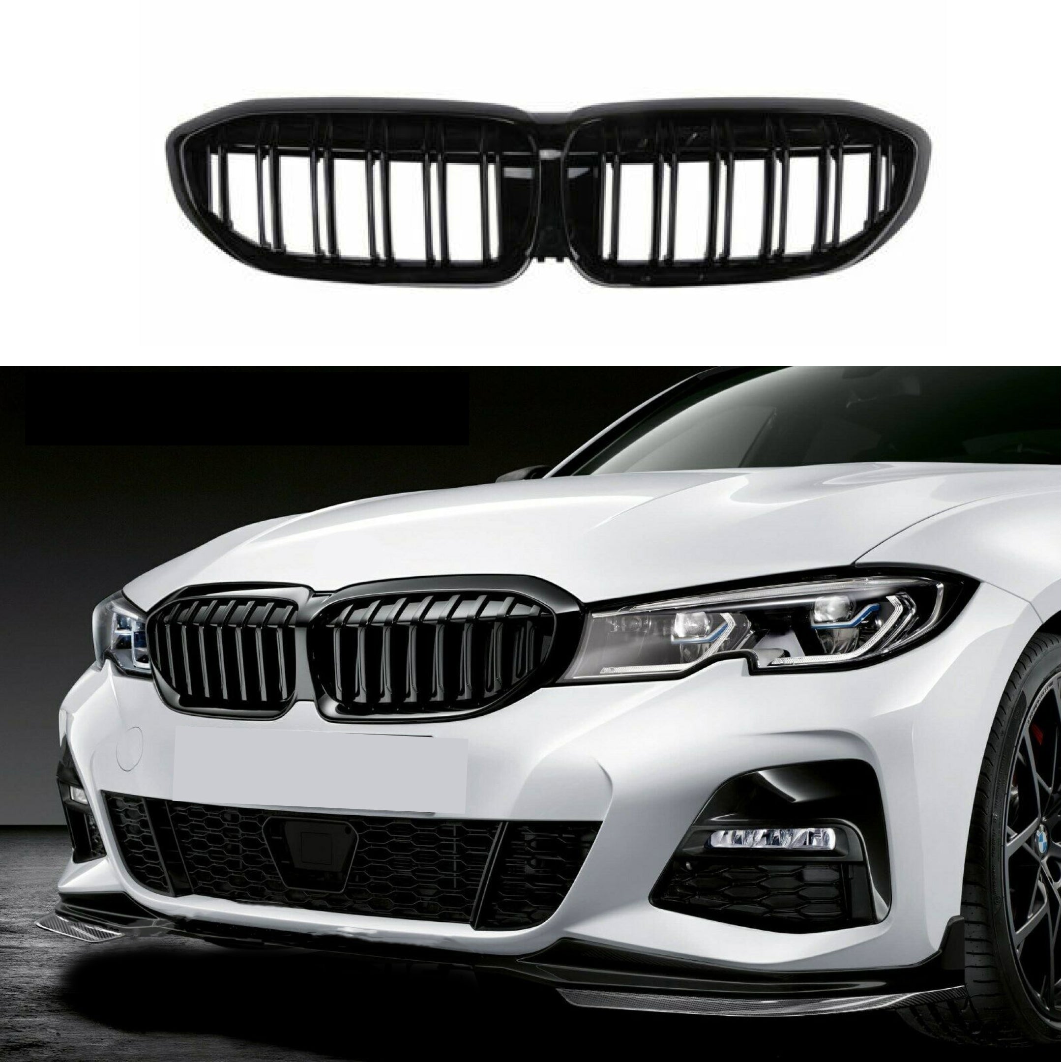 Fits 2019-2021 BMW 3 Series G20 G21 Double Line Glossy Gloss Black Front Kidney Grill