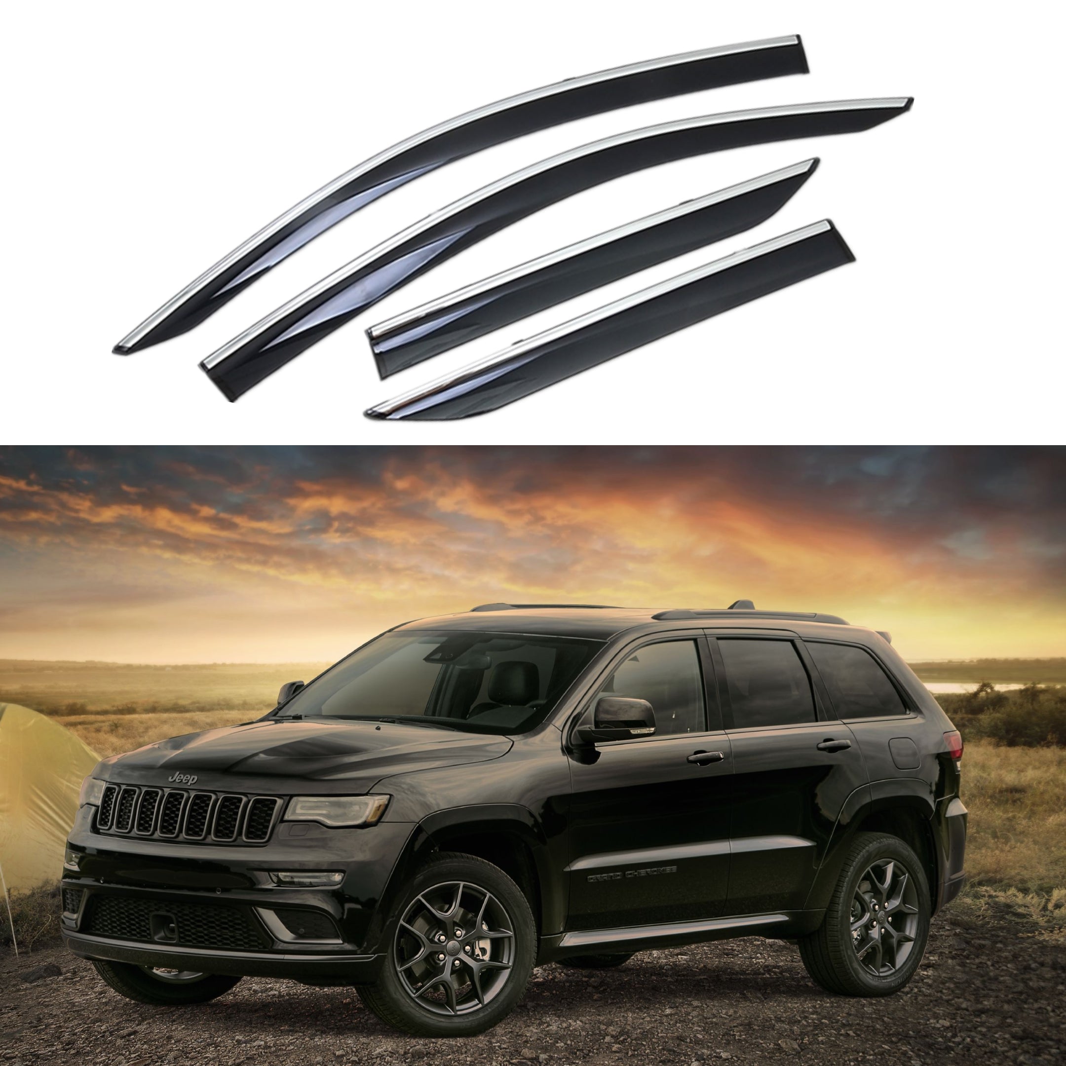 Compatible con Jeep Grand Cherokee 2011-2020, viseras de ventana de ventilación con clip cromado, protectores contra viento y lluvia, deflectores de sombra