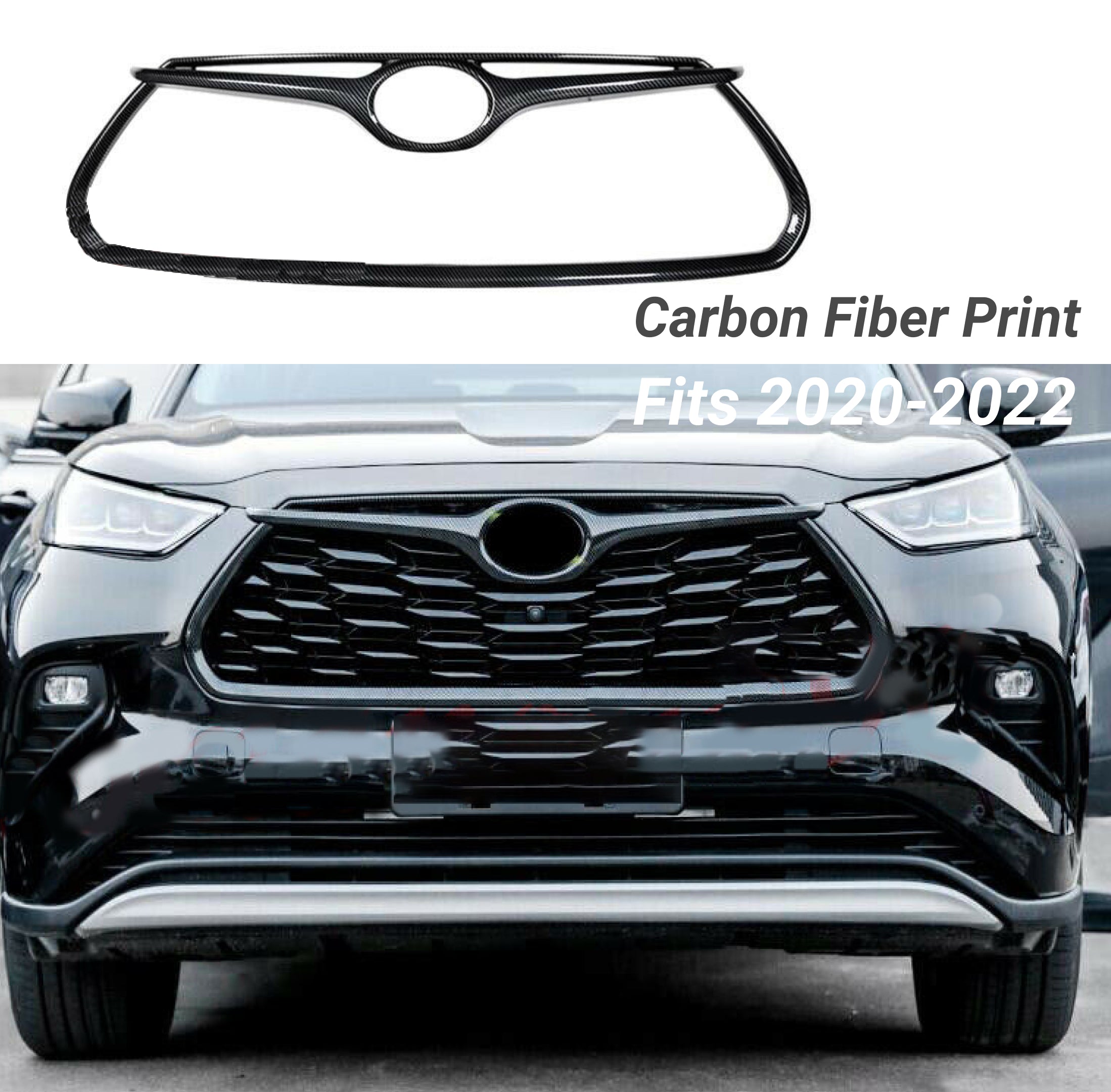 Fits 2020-2023 Toyota Highlander Frame Front Grille Cover Trim (Carbon Fiber Print)