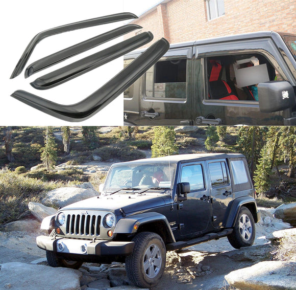 Se adapta a JEEP Wrangler JK 2007-2018, viseras para ventanas con ventilación de canal exterior, protectores contra la lluvia, el sol y el viento, deflectores de sombra 