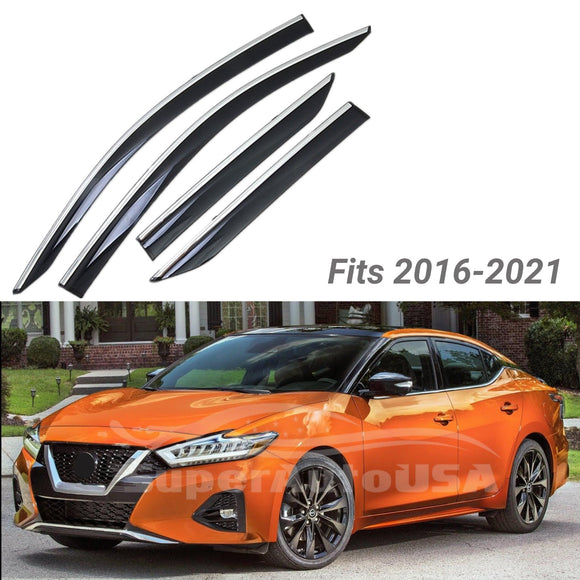 Fit 2016-2023 Nissan Maxima Clip-On Chrome Trim Vent Window Visors Rain Sun Wind Guards Shade Deflectors
