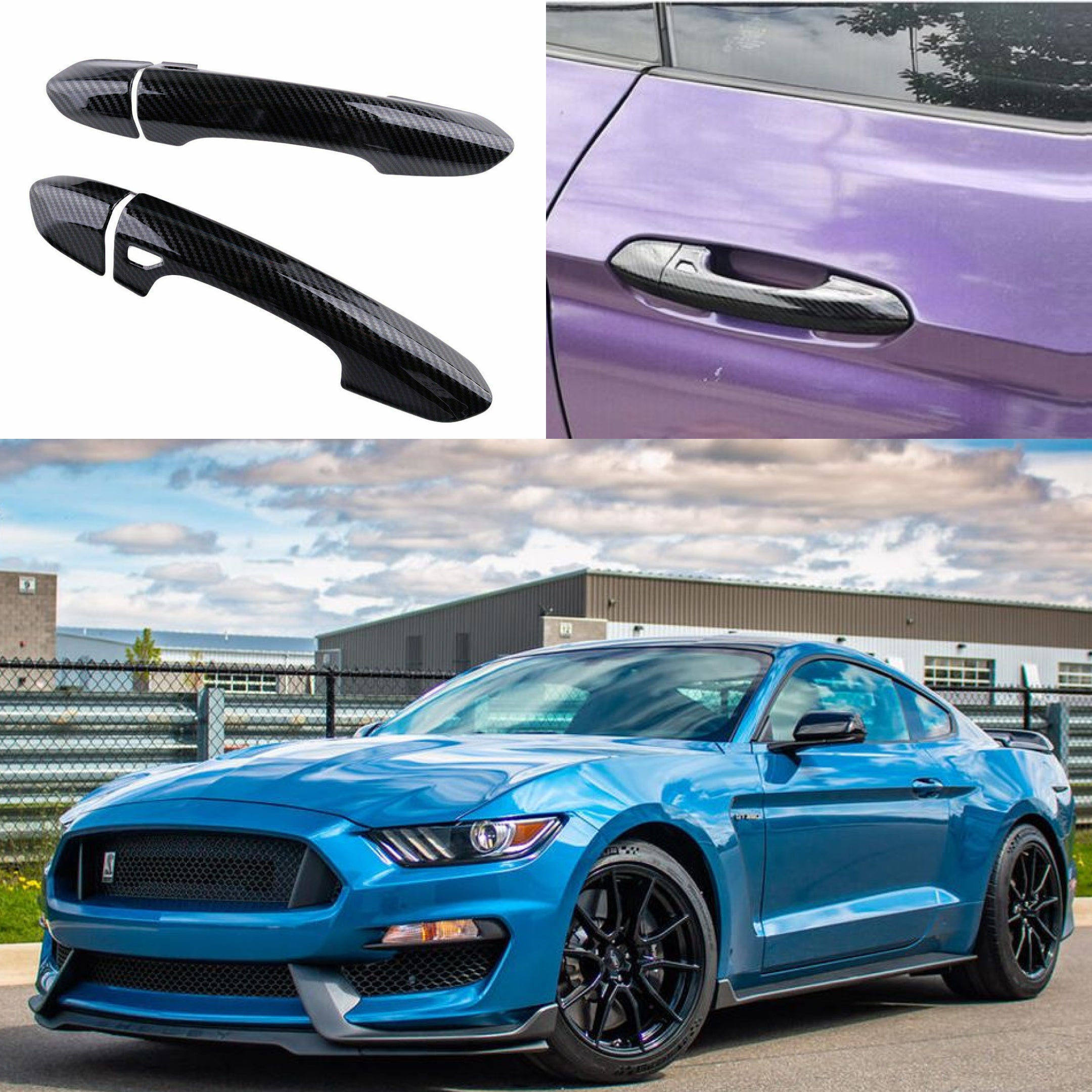 Fit 2015-2022 Ford Mustang Car Side Door Handle Cover Trim (Carbon Fiber Print)