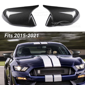 Fit 2015-2021 Ford Mustang Rearview Side Mirror Cover Caps Horn Style (Carbon Fiber Print)