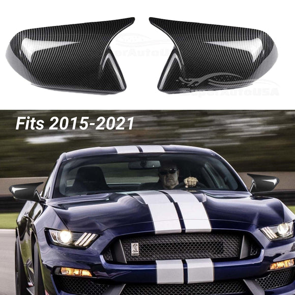 Fit 2015-2021 Ford Mustang Rearview Side Mirror Cover Caps Horn Style (Carbon Fiber Print)