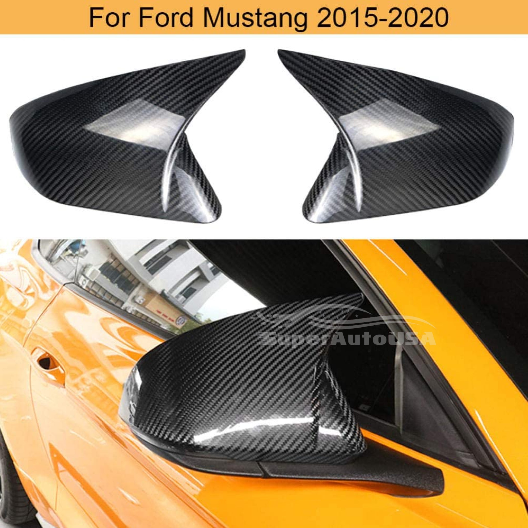 Fit 2015-2021 Ford Mustang Rearview Side Mirror Cover Caps Horn Style (Carbon Fiber Print) - 0