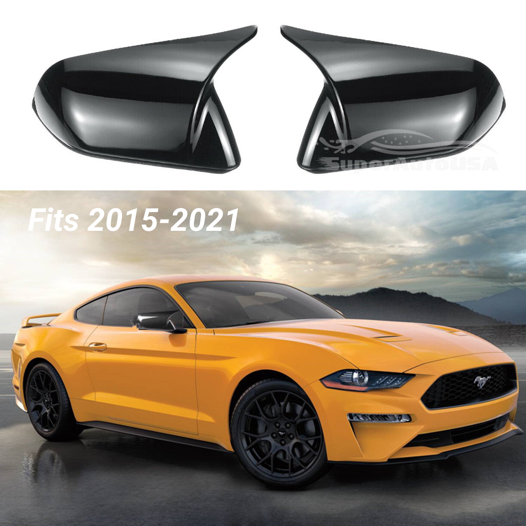 Fit 2015-2021 Ford Mustang Rearview Side Mirror Cover Caps Horn Style (Gloss Black) - 0
