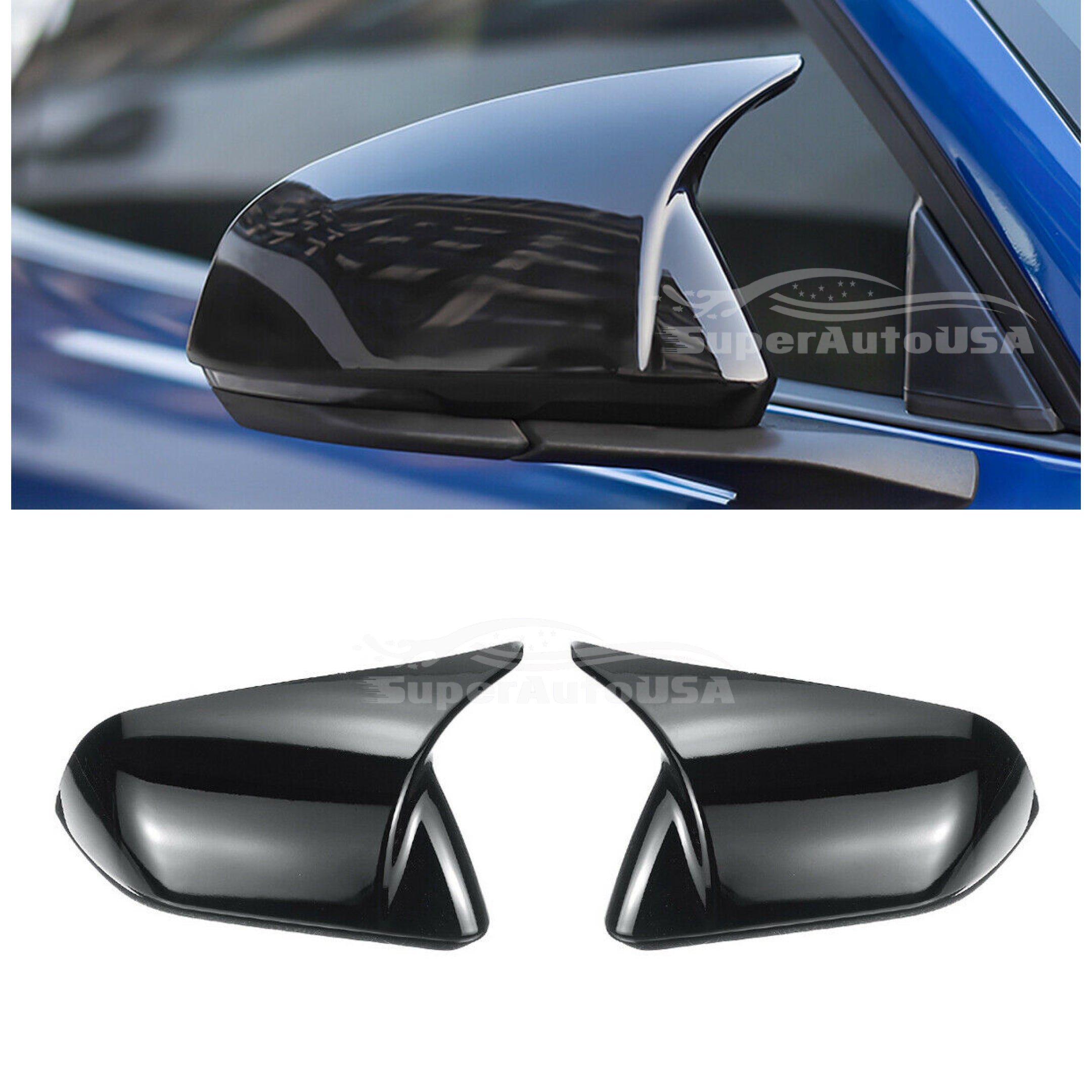 Fit 2015-2021 Ford Mustang Rearview Side Mirror Cover Caps Horn Style (Gloss Black)-1