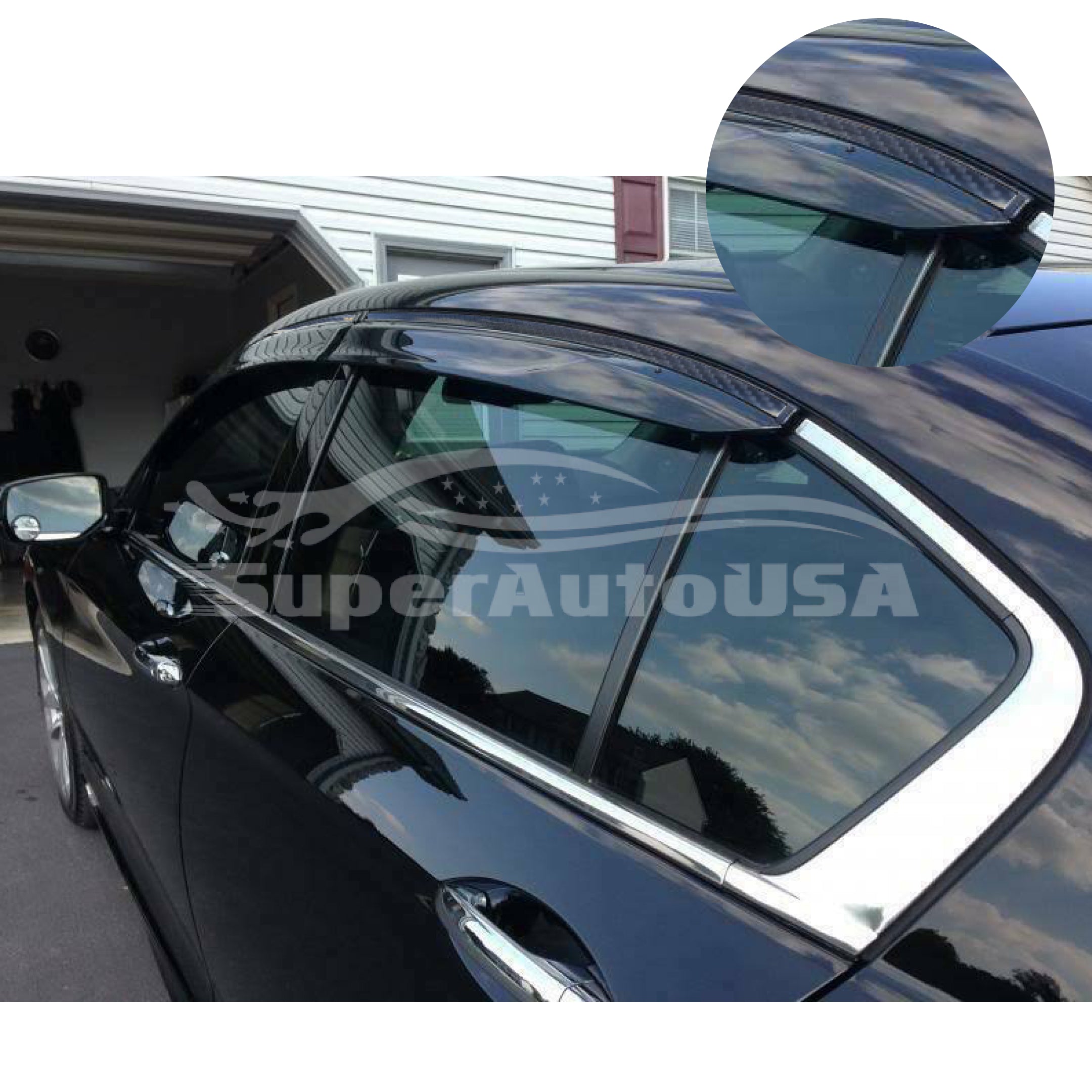 Fit 2012-2018 BMW 3 Series F30 Clip-On Carbon Fiber Print Trim Vent Window Visors Rain Sun Wind Guards Shade Deflectors - 0