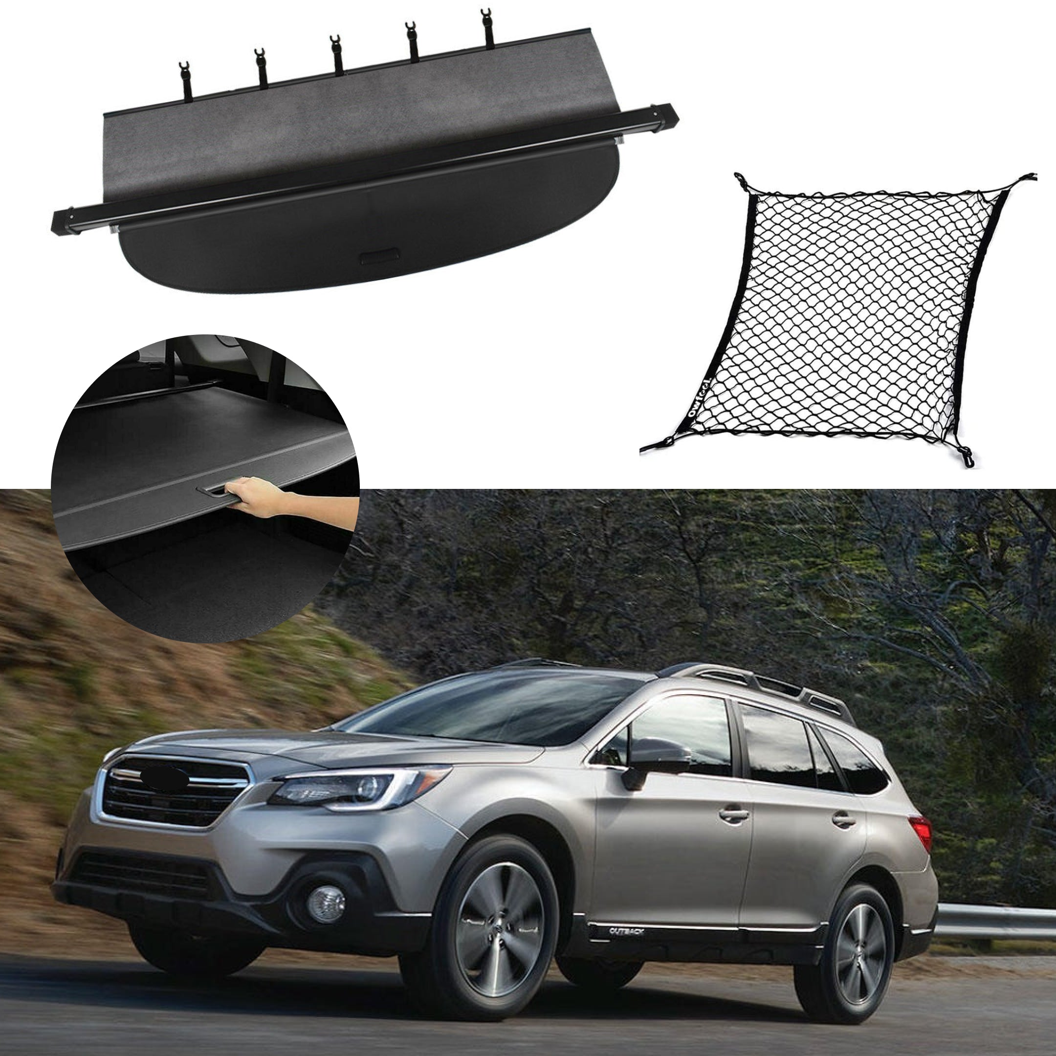 Fits 2015-2019 Subaru Outback Luggage Rear Trunk Retractable Tonneau Cargo Cover and Free Net (Black)