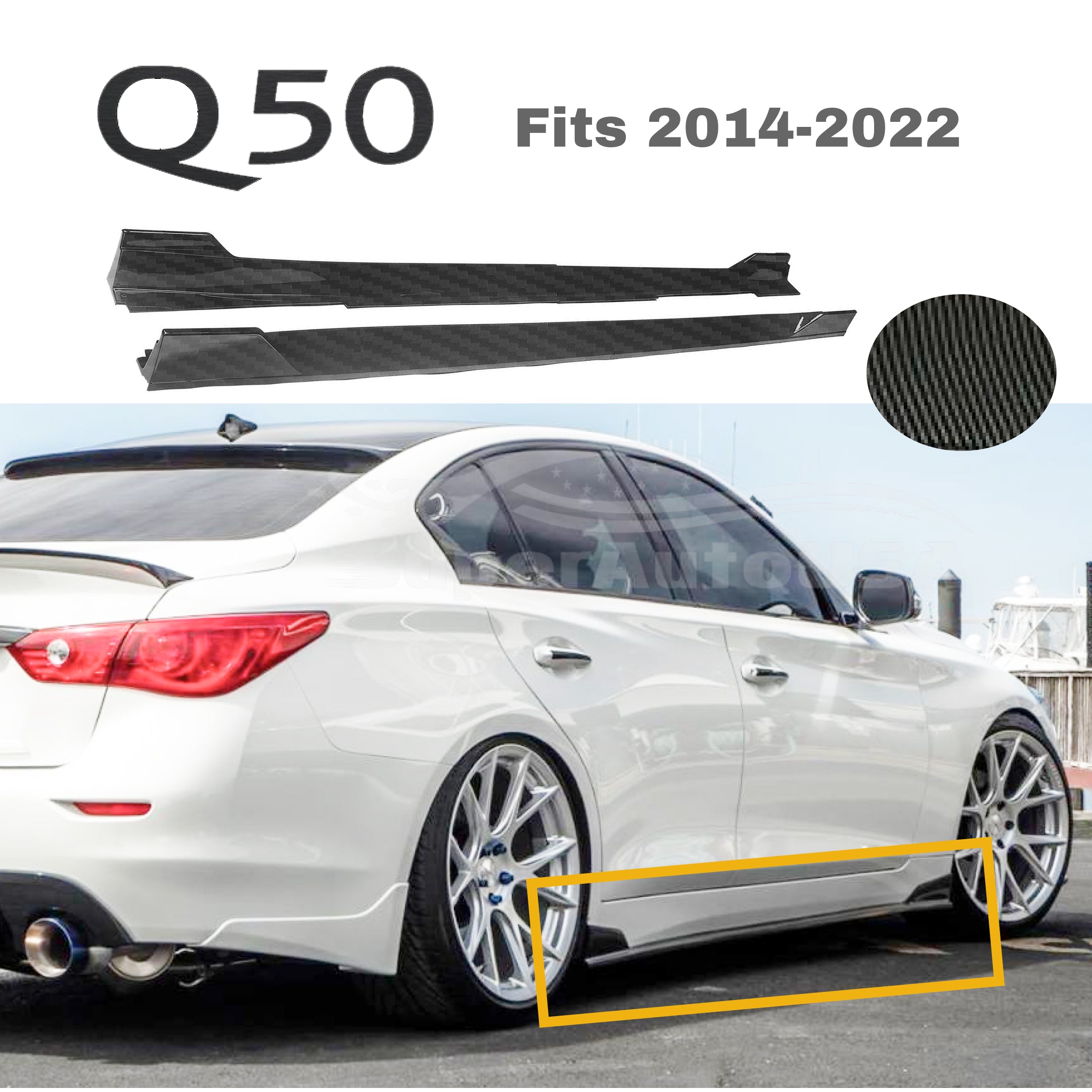 Para 2014-2022 Infiniti Q50 ST estilo falda lateral labio de extensión (impresión de fibra de carbono) - 0