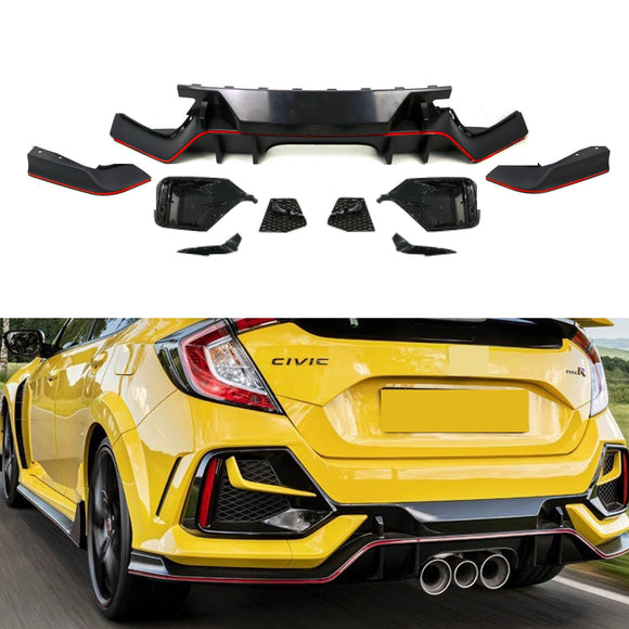 Fits 2017-2021 Honda Civic Hatchback Rear Bumper Garnish Reflectors (Black & Red Trim)
