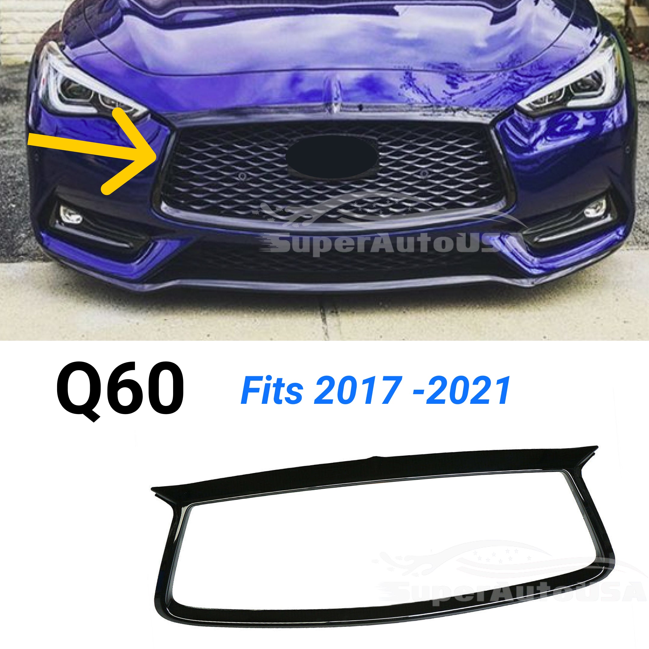 Se adapta a INFINITI Q60 2017-2021, cubierta de marco embellecedor de contorno de parrilla delantera (negro brillante)