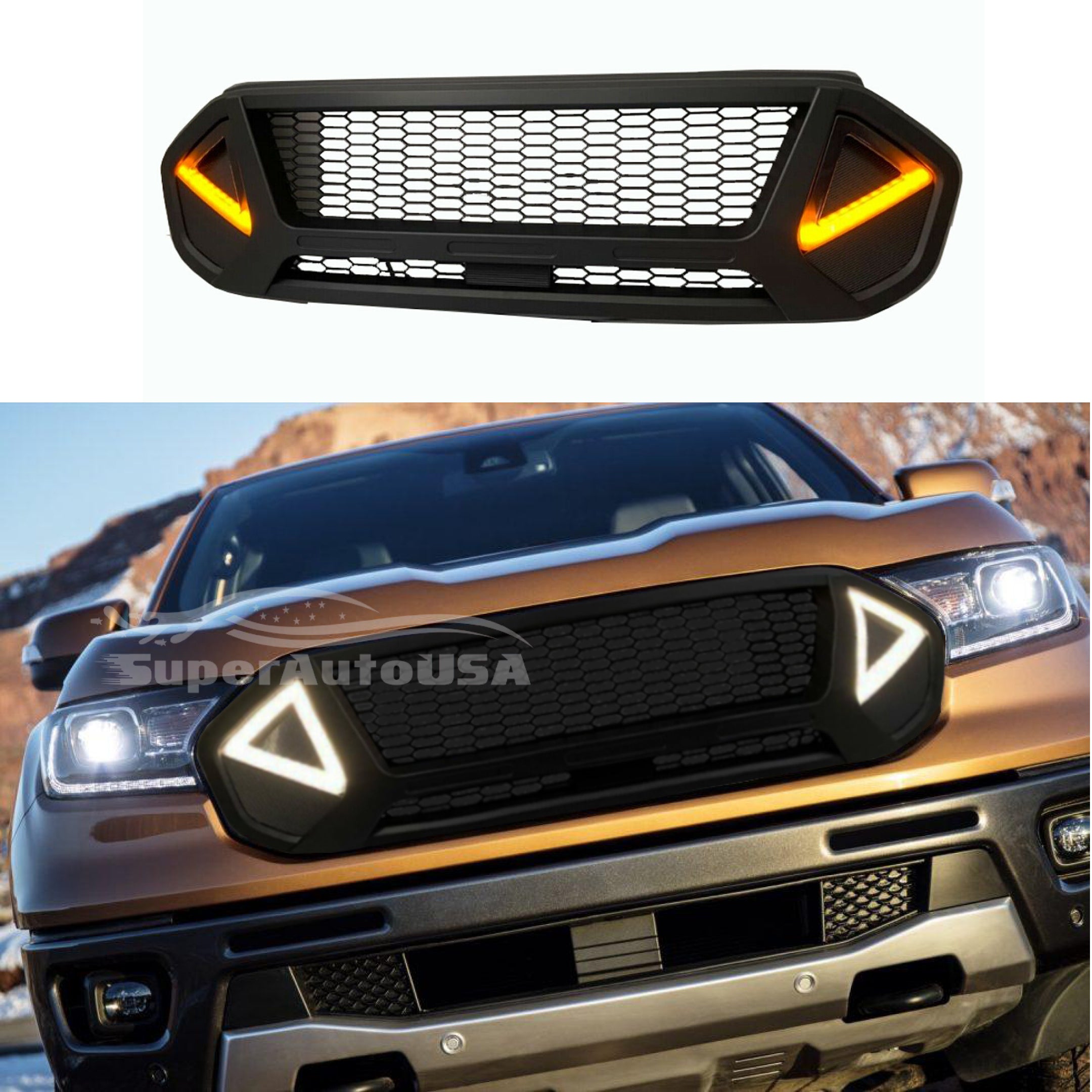 Fits 2019-2021 Ford Ranger Monster style Black Front Grille with LED Lights