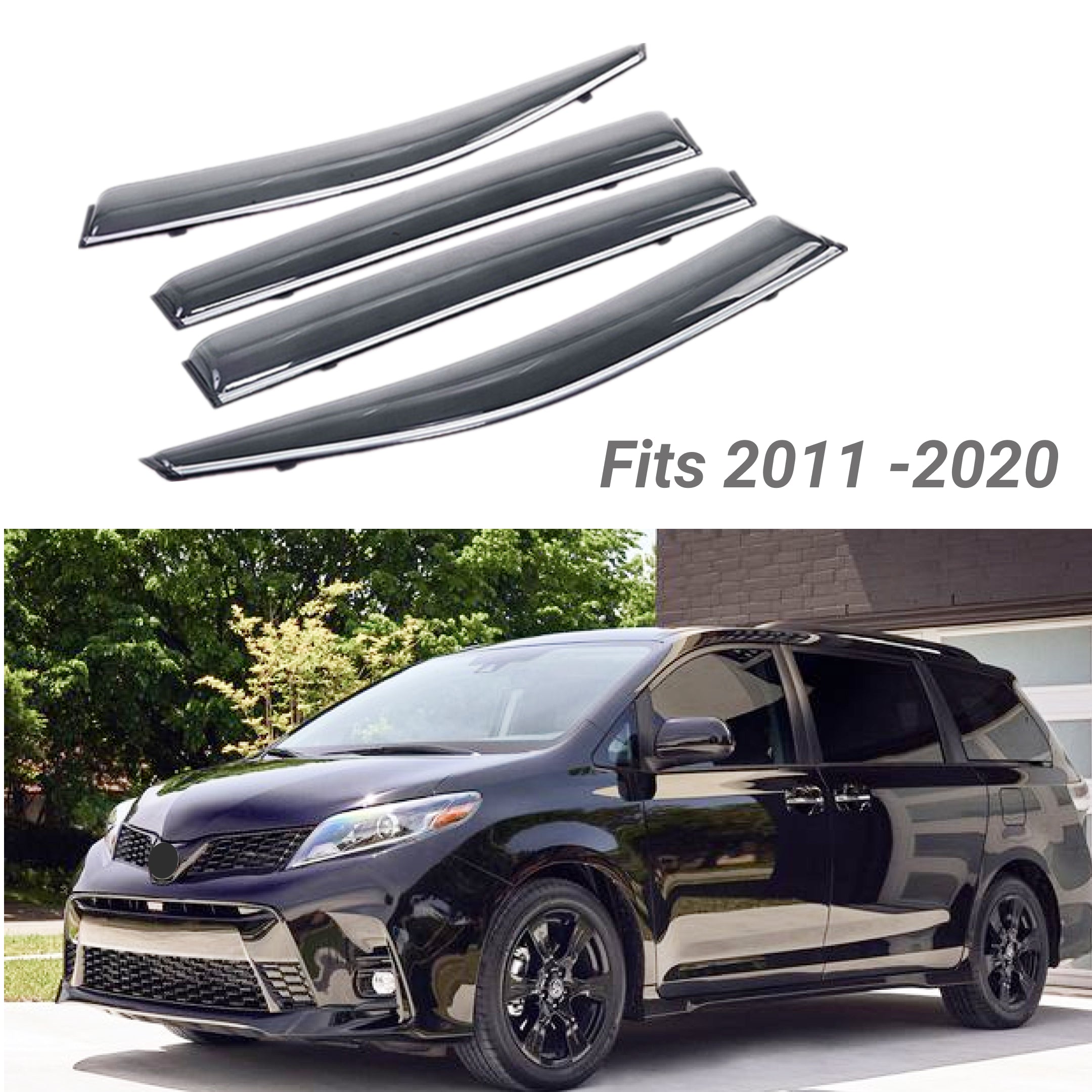 Fit 2011-2020 Toyota Sienna Clip-On Chrome Trim Vent Window Visors Rain Sun Wind Guards Shade Deflectors-2