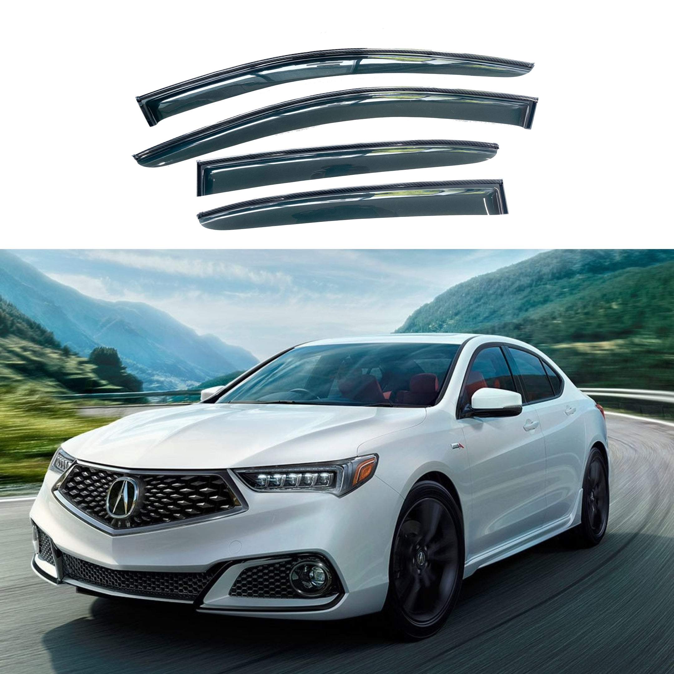 Fit 2015-2020 Acura TLX Clip-On Carbon Fiber Print Trim Vent Window Visors Rain Sun Wind Guards Shade Deflectors