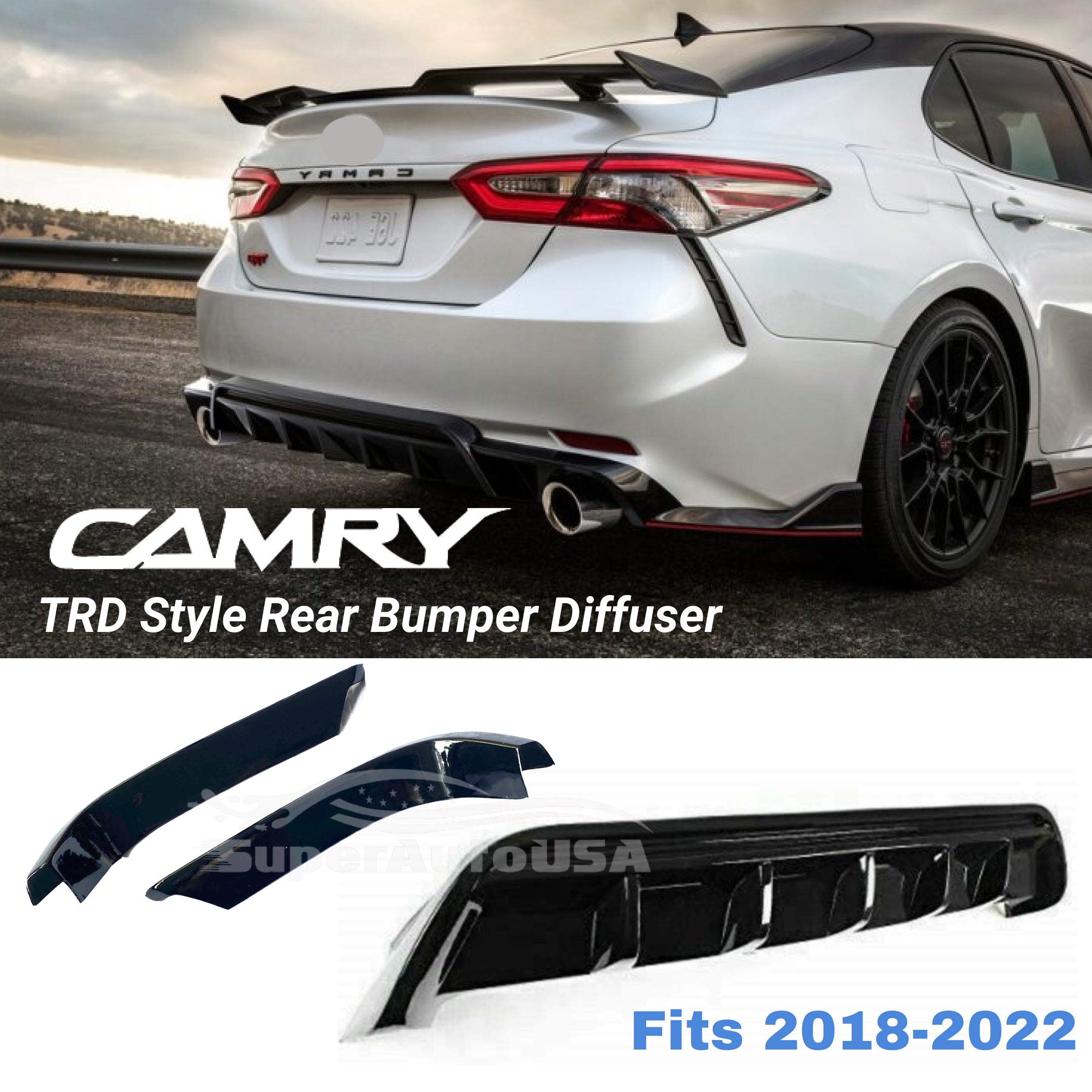 Fit 2018-2024 Toyota Camry TRD Style Black Rear Bumper Lip Spoiler Lower Diffuser & Splitters