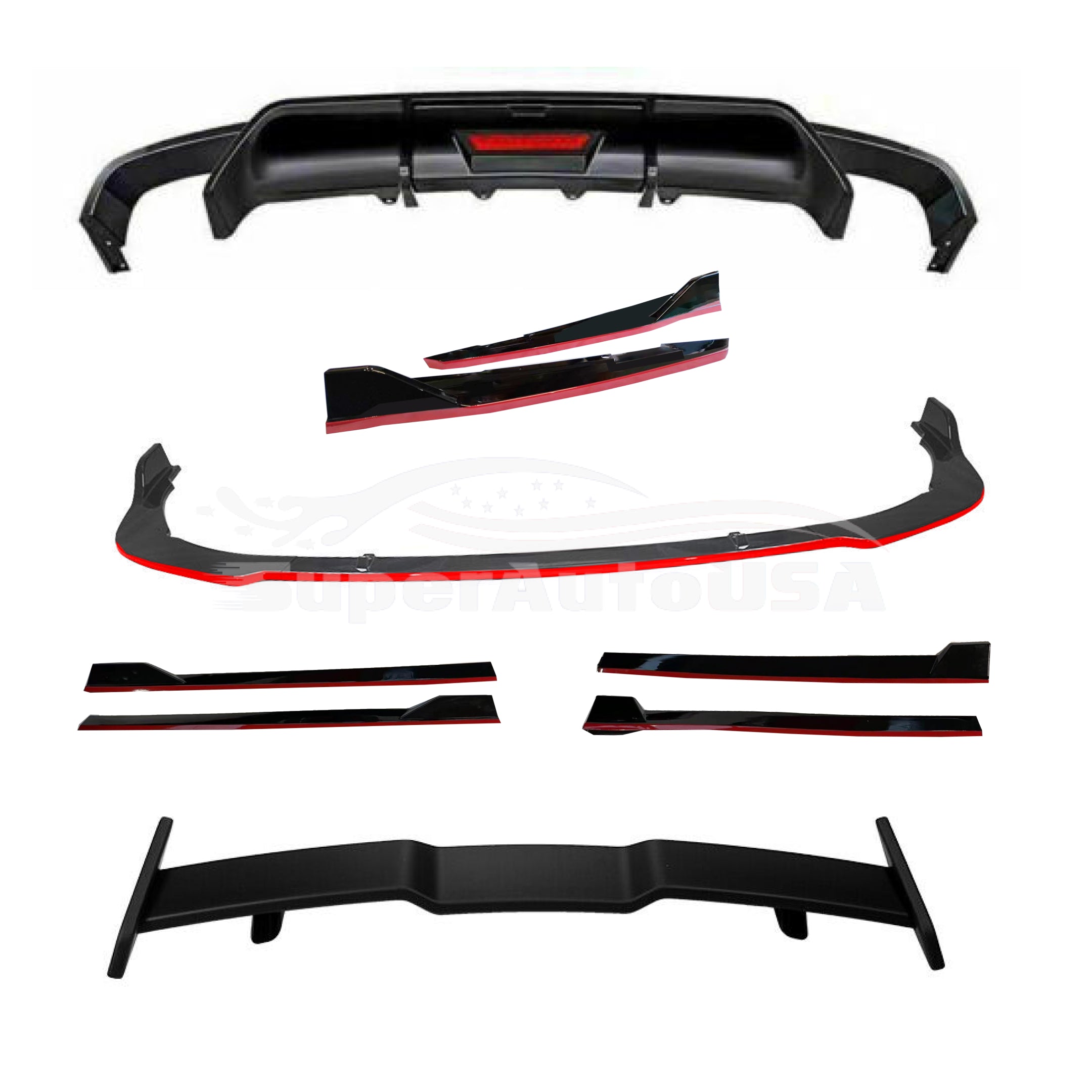 Comprar gloss-black-with-red-trim Compatible con Toyota Camry 2018-2022, alerón delantero completo, difusor trasero, faldas laterales, juego de divisores (borde negro brillante y rojo)