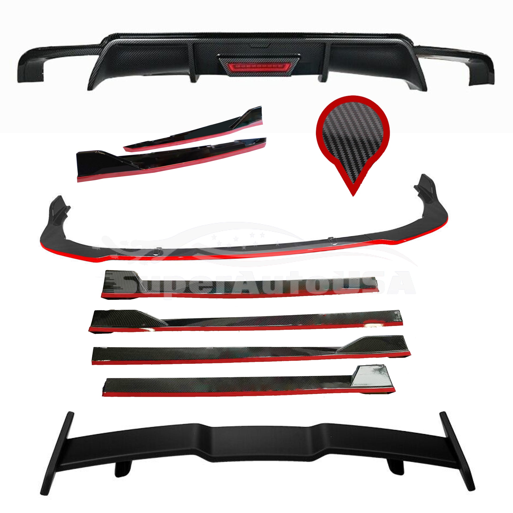 Buy carbon-fiber-print-with-red-trim Full Body kit Set - LED Light | Fits Toyota Camry (18-24)