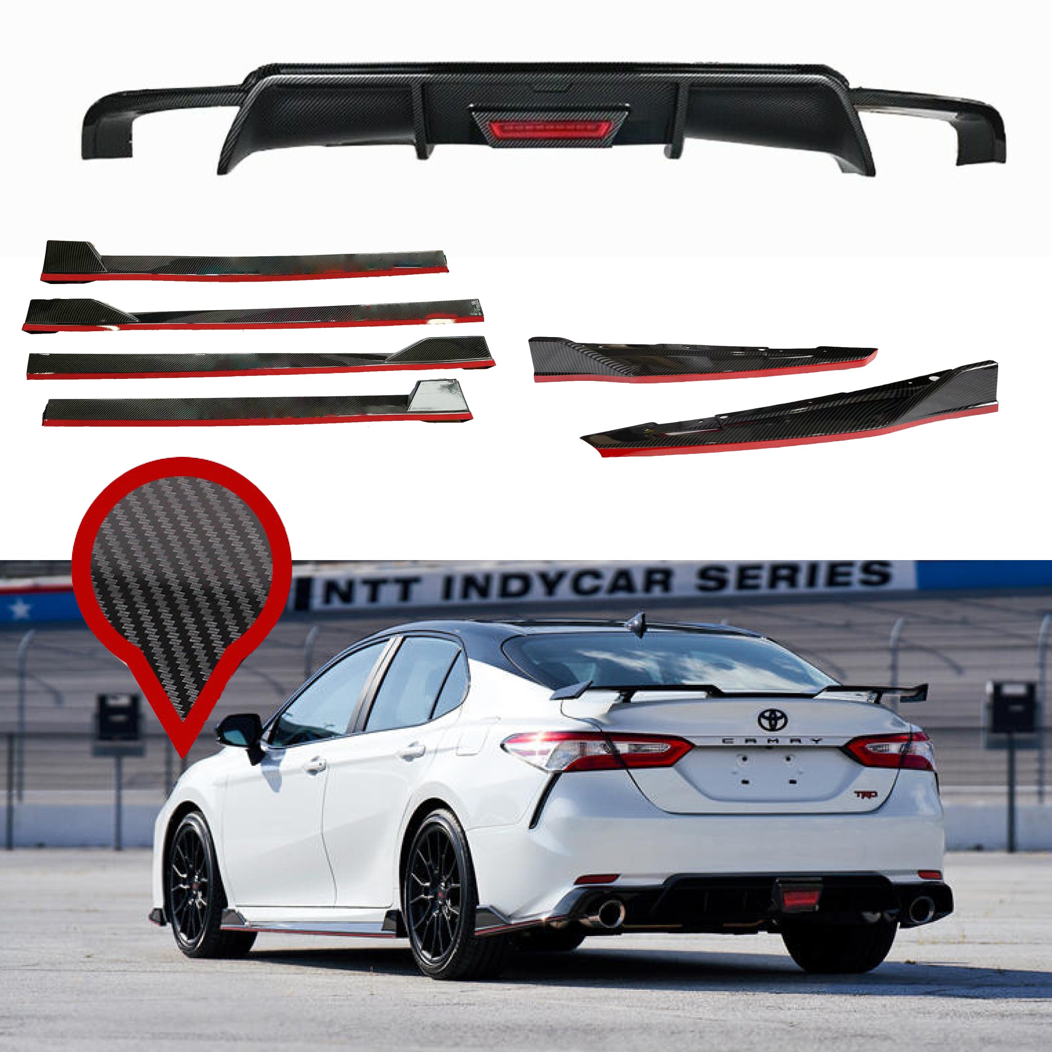 Fit 2018-2024 Toyota Camry TRD Style Rear Diffuser Spoiler LED Light Side Body Skirts Rear Splitters Body Skit 3-in-1 w/Red Trim - 0