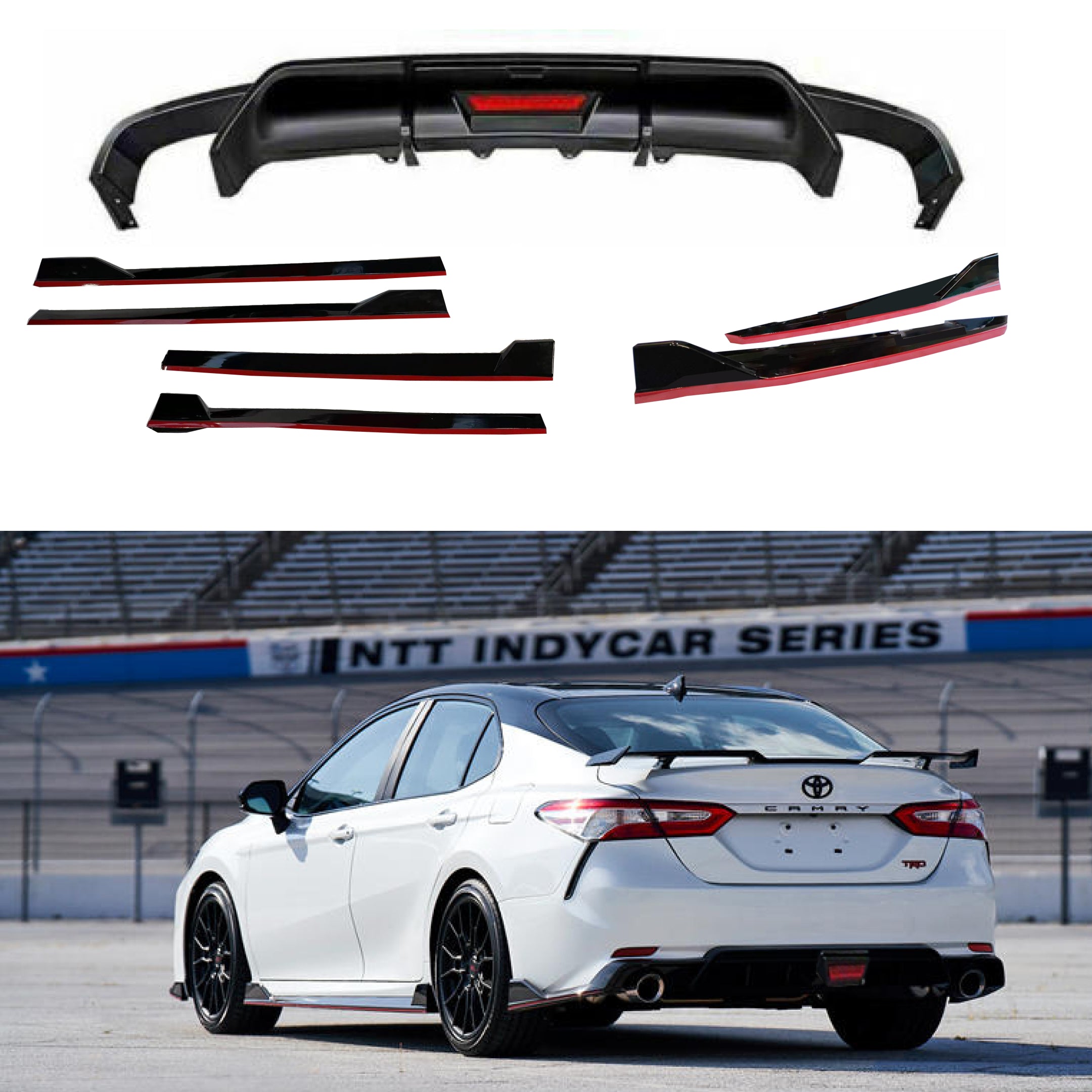 Fit 2018-2024 Toyota Camry TRD Style Rear Diffuser Spoiler LED Light Side Body Skirts Rear Splitters Body Skit 3-in-1 w/Red Trim