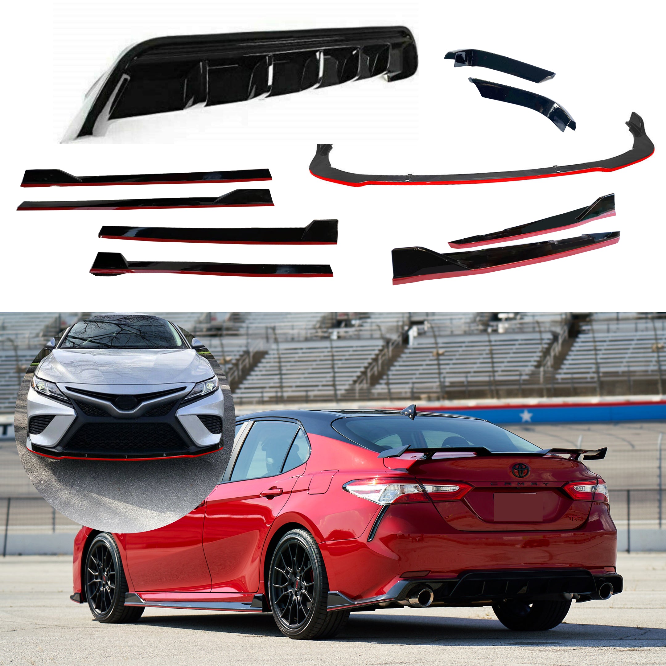 Compatible con Toyota Camry 2018-2022, alerón delantero completo, difusor trasero, faldas laterales, juego de divisores (borde negro brillante y rojo)