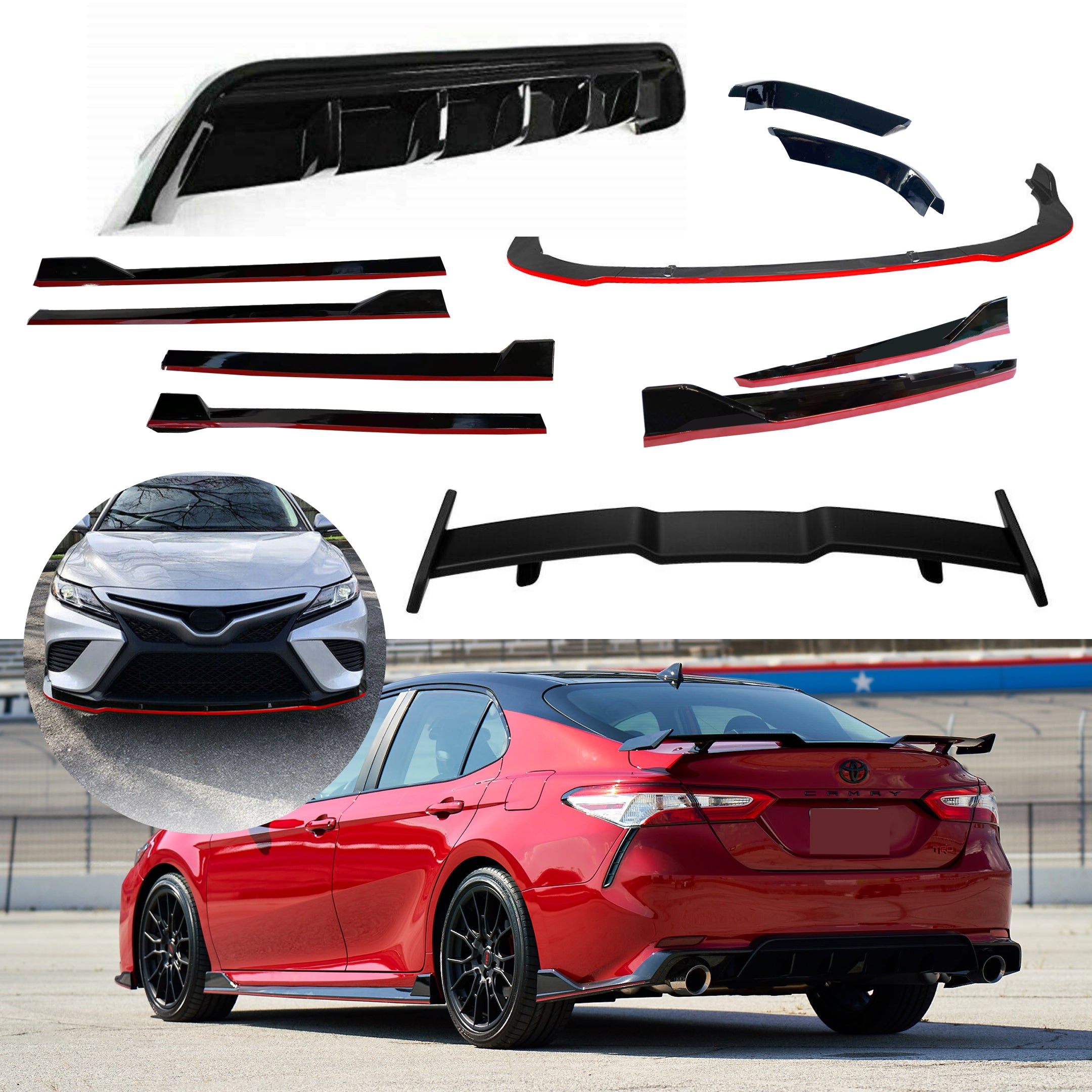 Compatible con Toyota Camry 2018-2022, alerón delantero completo, difusor trasero, faldas laterales, juego de divisores (borde negro brillante y rojo)