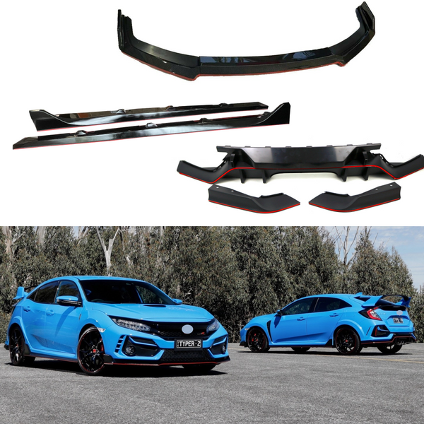 Fit for 2017-2021 Honda CIVIC Hatchback Type R Style Front Bumper Lip Side Skirt Rear Diffuser Body Kit (Glossy Carbon Fiber Print with Red Trim)