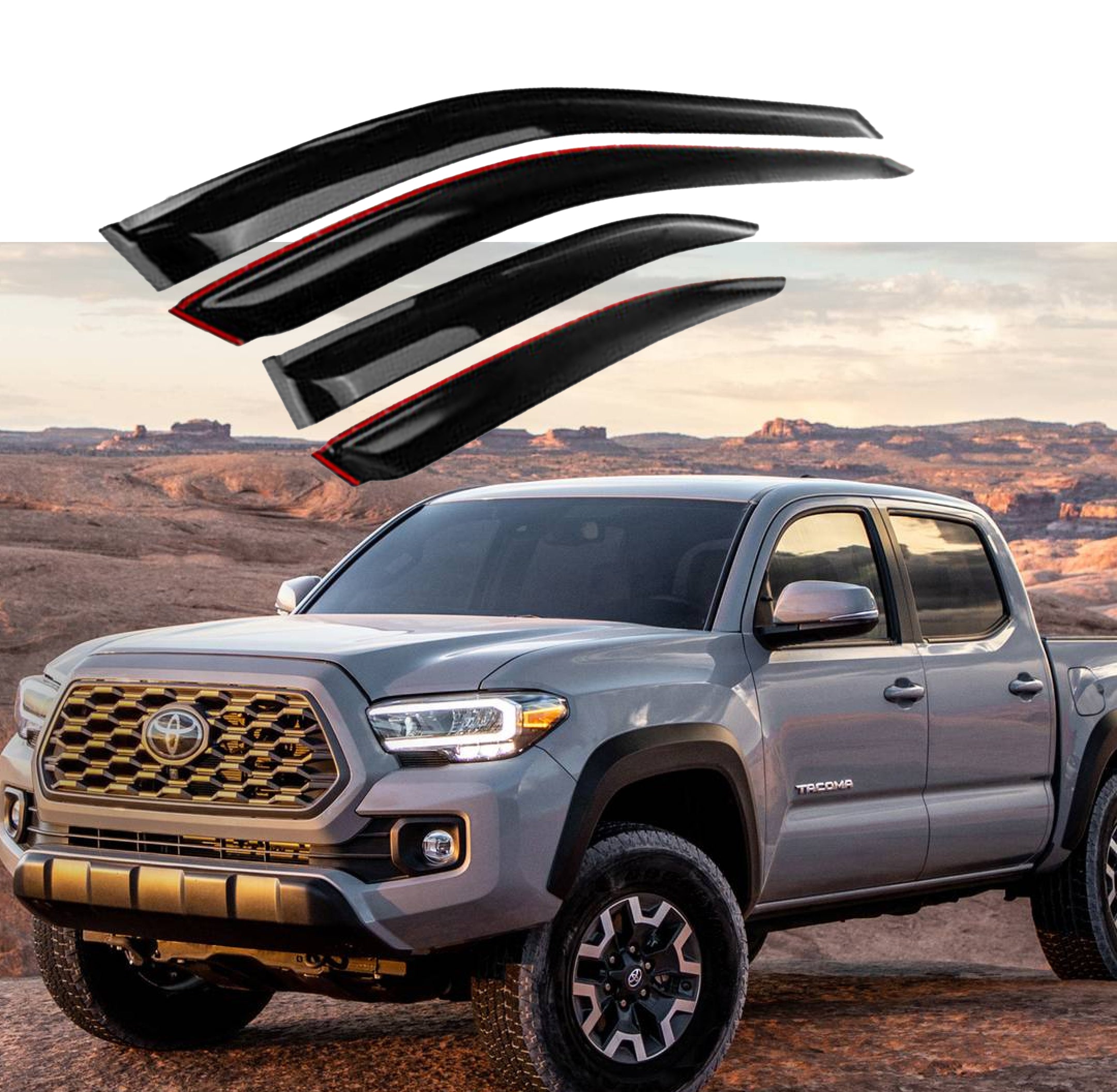 Fit 2016-2021 Toyota Tacoma Double Cab Out-Channel Vent Window Visors Rain Sun Wind Guards Shade Deflectors
