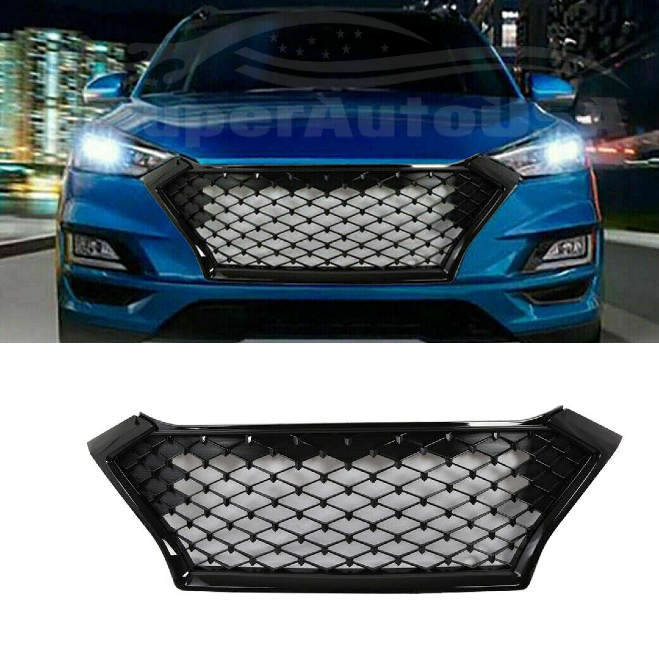 For Hyundai Tucson 2019-2021 Mesh Sport Style Front Grill Grille Assembly (Gloss Black) - 0