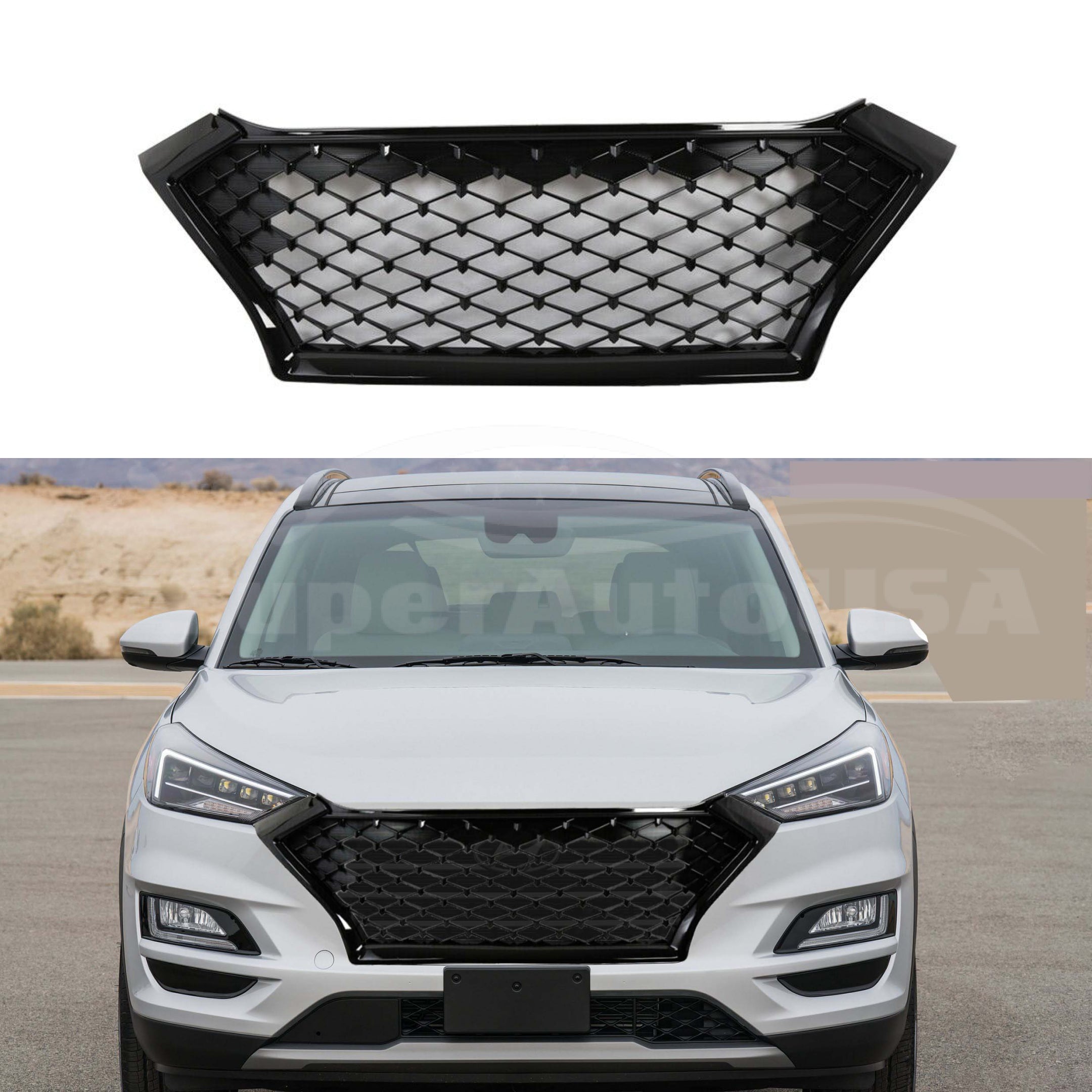 For Hyundai Tucson 2019-2021 Mesh Sport Style Front Grill Grille Assembly (Gloss Black)