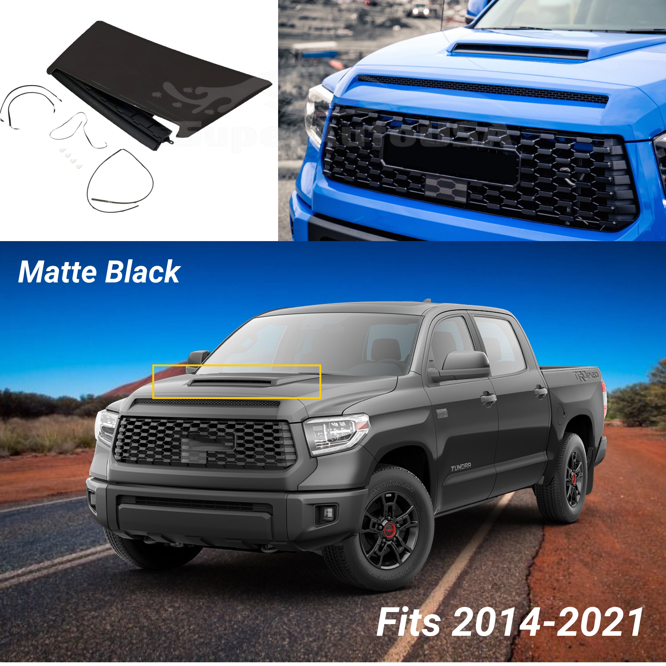 Fits 2014-2021 Toyota Tundra TRD PRO & Sport Air Flow Decorative Intake Hood Scoop Kit  (Unpainted Matte Black) - 0