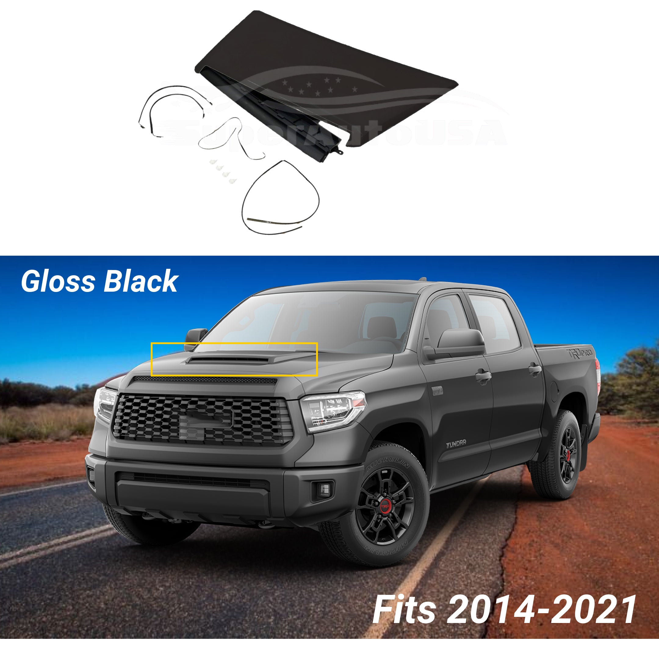 Fits 2014- 2021 Toyota Tundra TRD PRO & Sport Air Flow Decorative Intake Hood Scoop Kit (Gloss Black) - 0