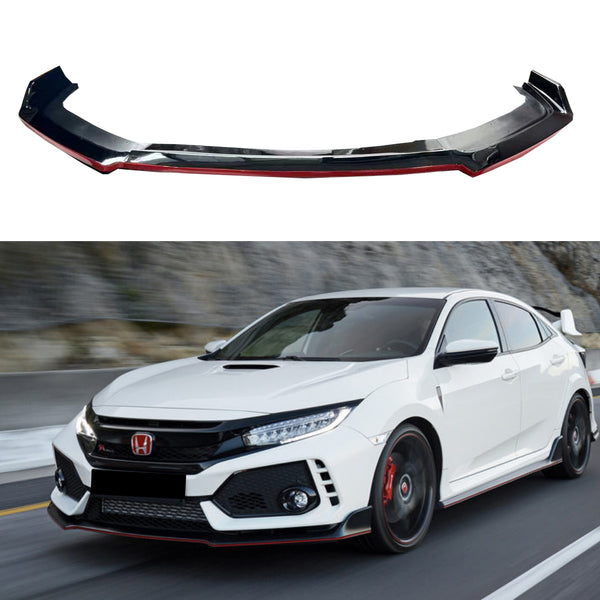 Fit 2017-2021 Honda CIVIC Hatchback Type R Style Front Bumper Lip (Gloss Black with Red Trim)