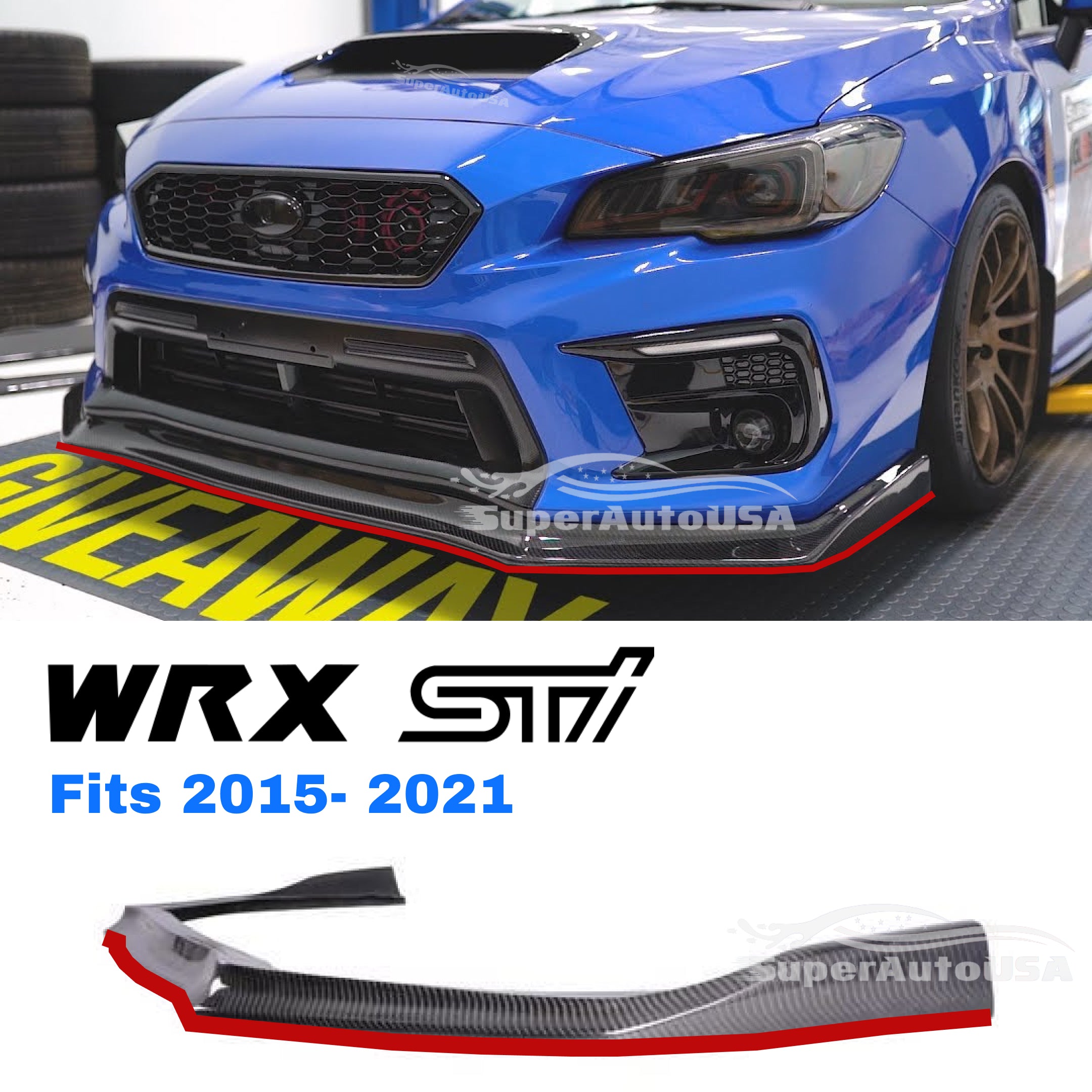 Fits 2015-2021 Subaru WRX STI Front Splitter Spoiler Lip (Carbon Fiber Print Red Trim) - 0