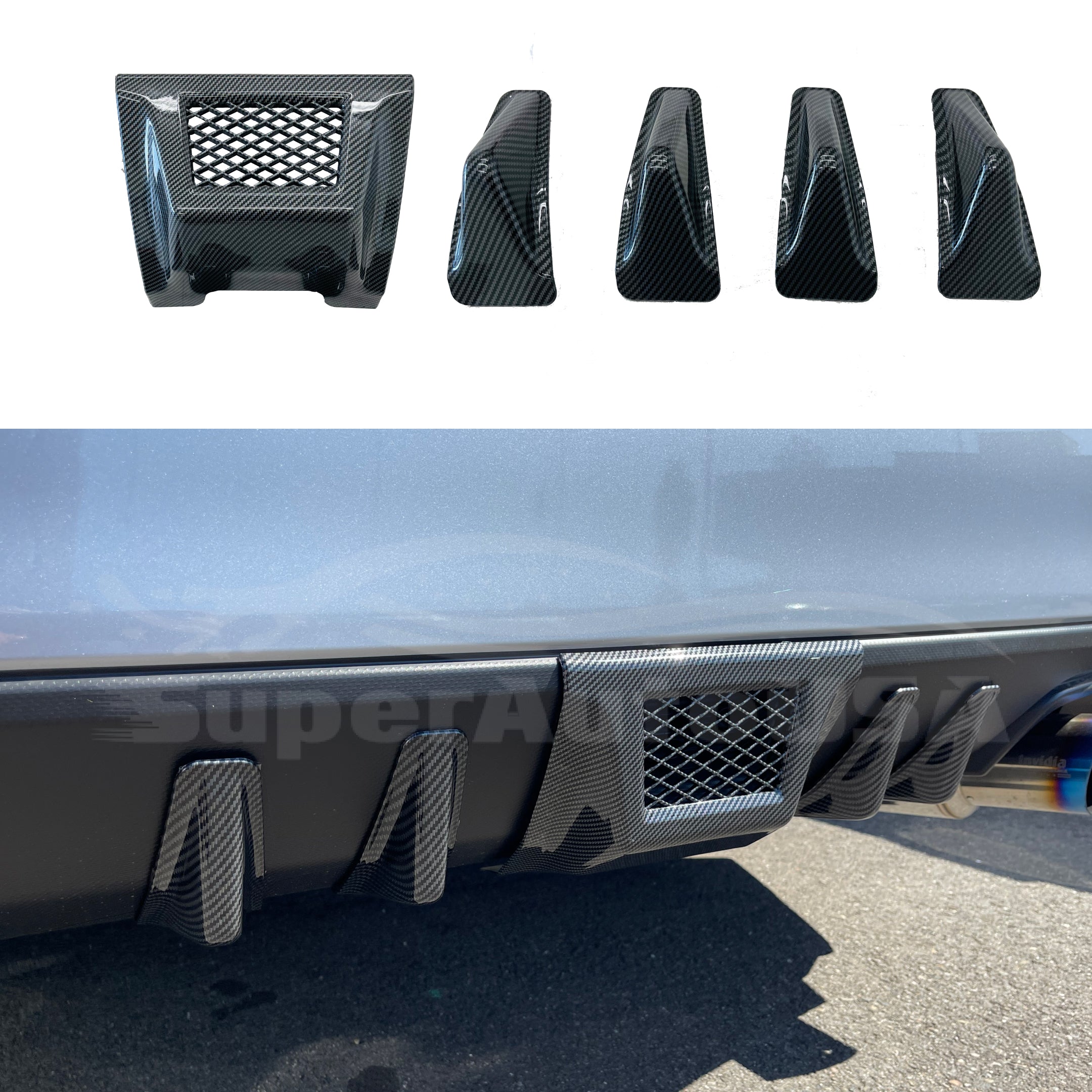 Fits 2015-2021 Subaru WRX STI Rear Shark Fins & Brake Light Cover Set (Carbon Fiber Print)