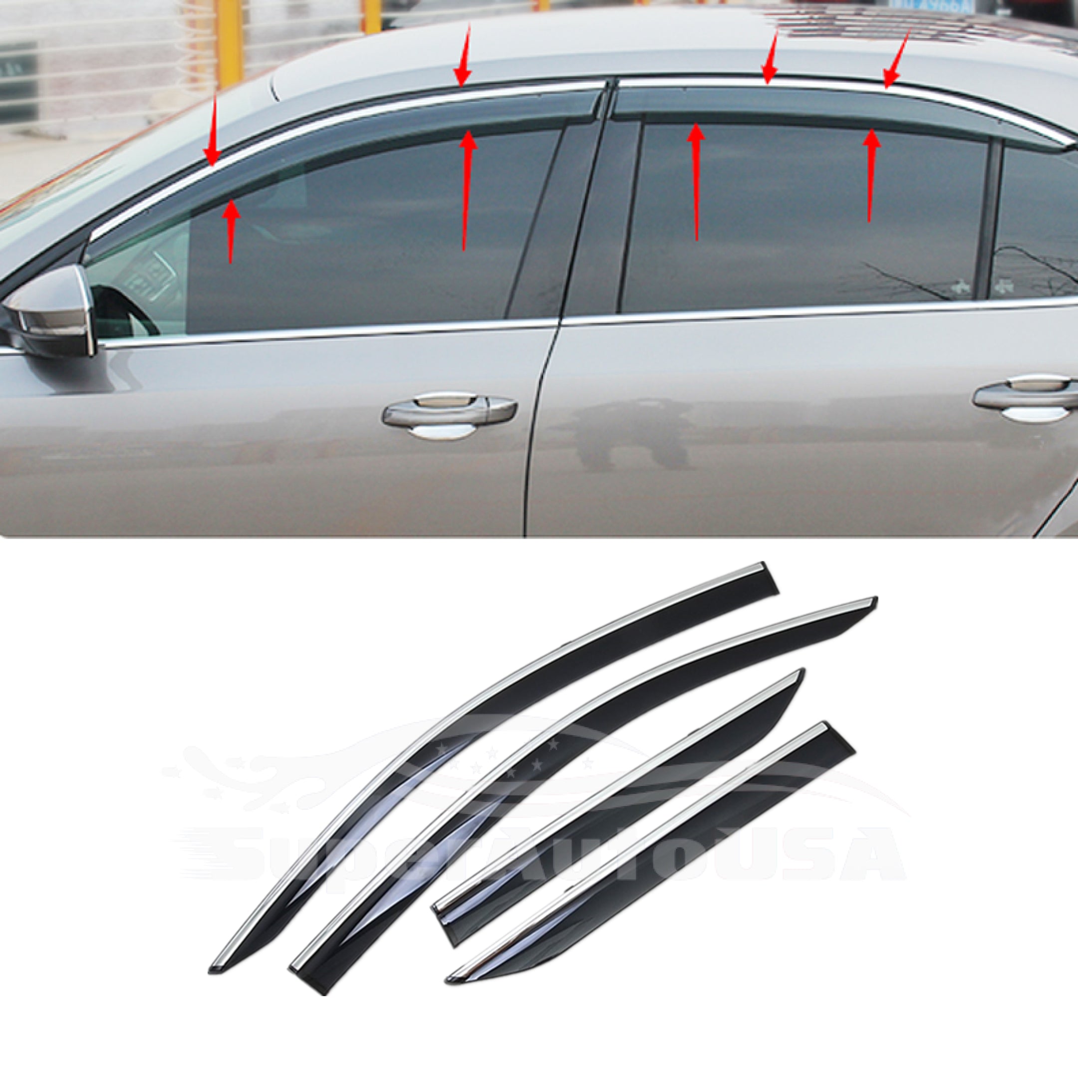 For Hyundai Tucson 2016-2018 Clip-On Chrome Trim Vent Window Visors Rain Sun Wind Guards Shade Deflectors - 0