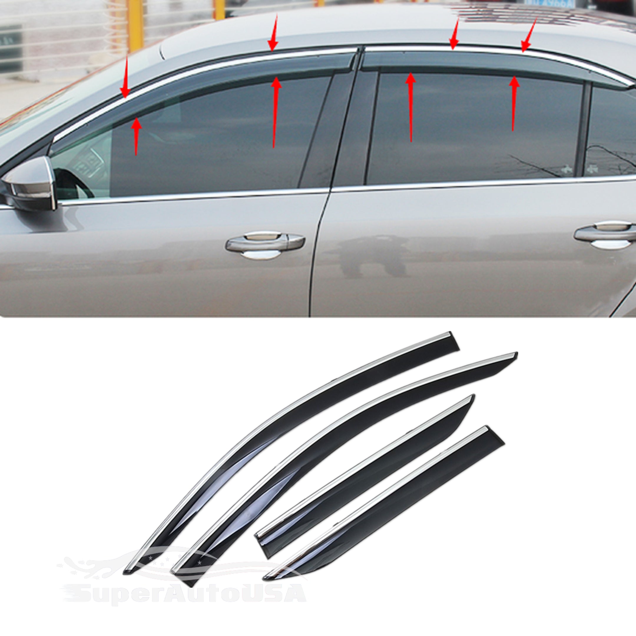 For Hyundai Santa Fe 2013-2019 XL Clip-On Chrome Trim Vent Window Visors Rain Sun Wind Guards Shade Deflectors