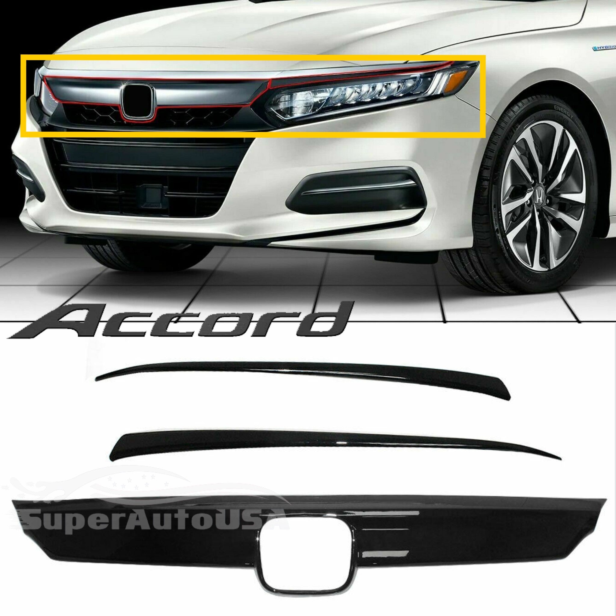 Fit 2018-2020 Honda Accord ABS Glossy Black Lip Front Grille Cover Molding Trim-5