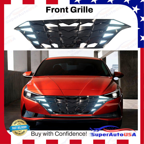 For 2021-2023 Elantra DRL LED Turn Signal Lights Gloss Black Front Grille