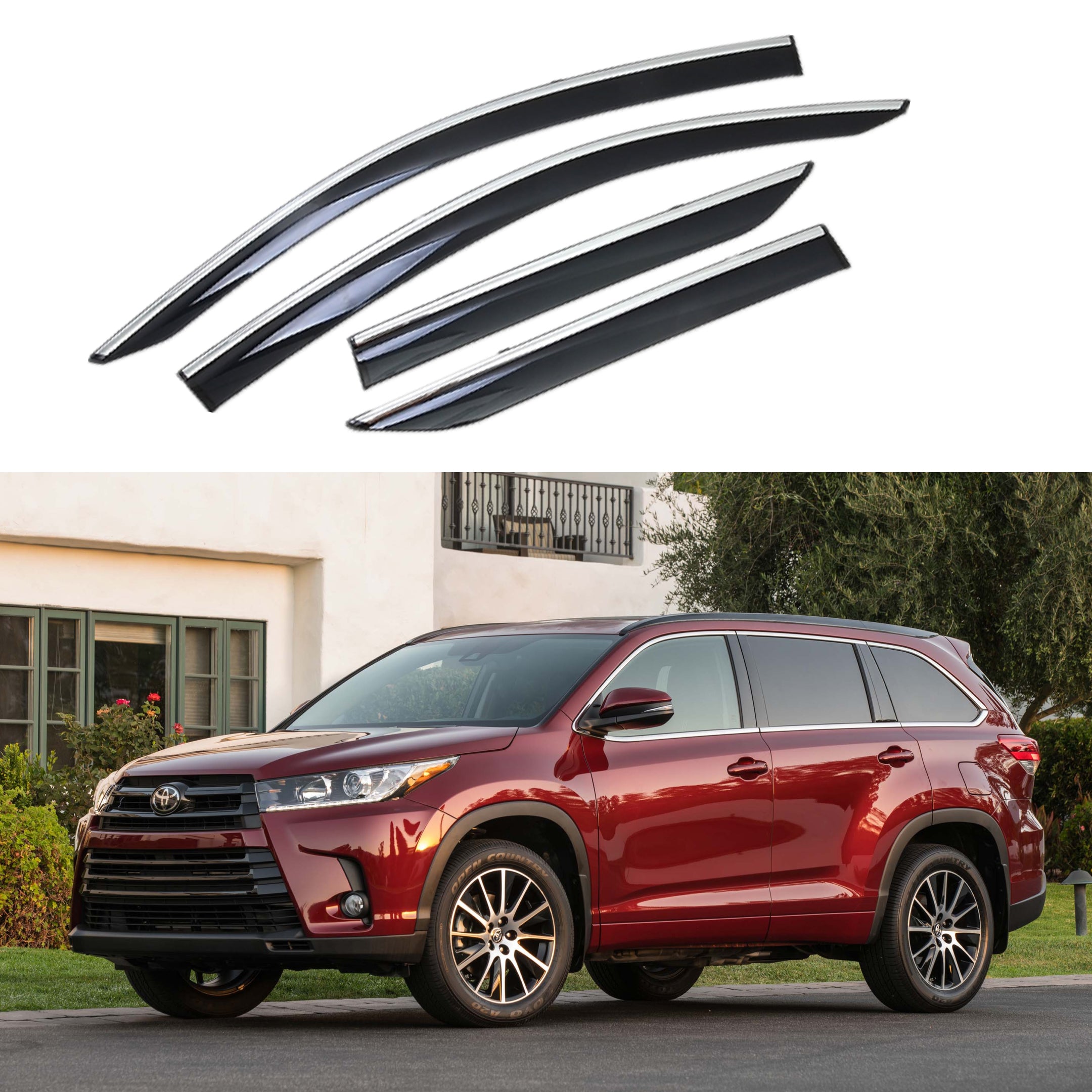 Ajuste 2014-2018 Toyota Highlander Clip-On Chrome Trim Vent Window Viseras Rain Sun Wind Guards Shade Deflectors-1