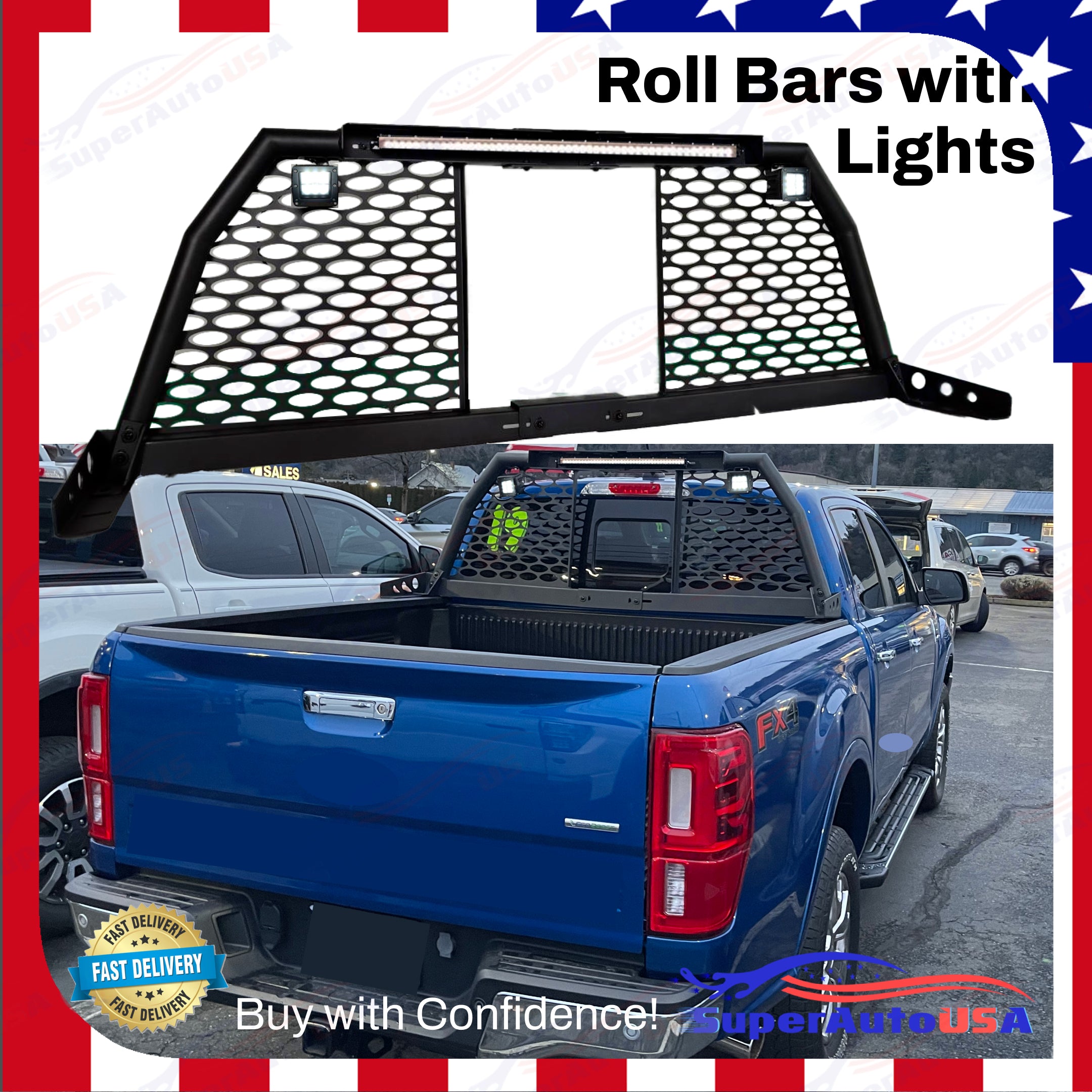 For Ford Ranger Truck LED Bar Adjustable Reinforced Steel Roll Bar Headache Rack - 0